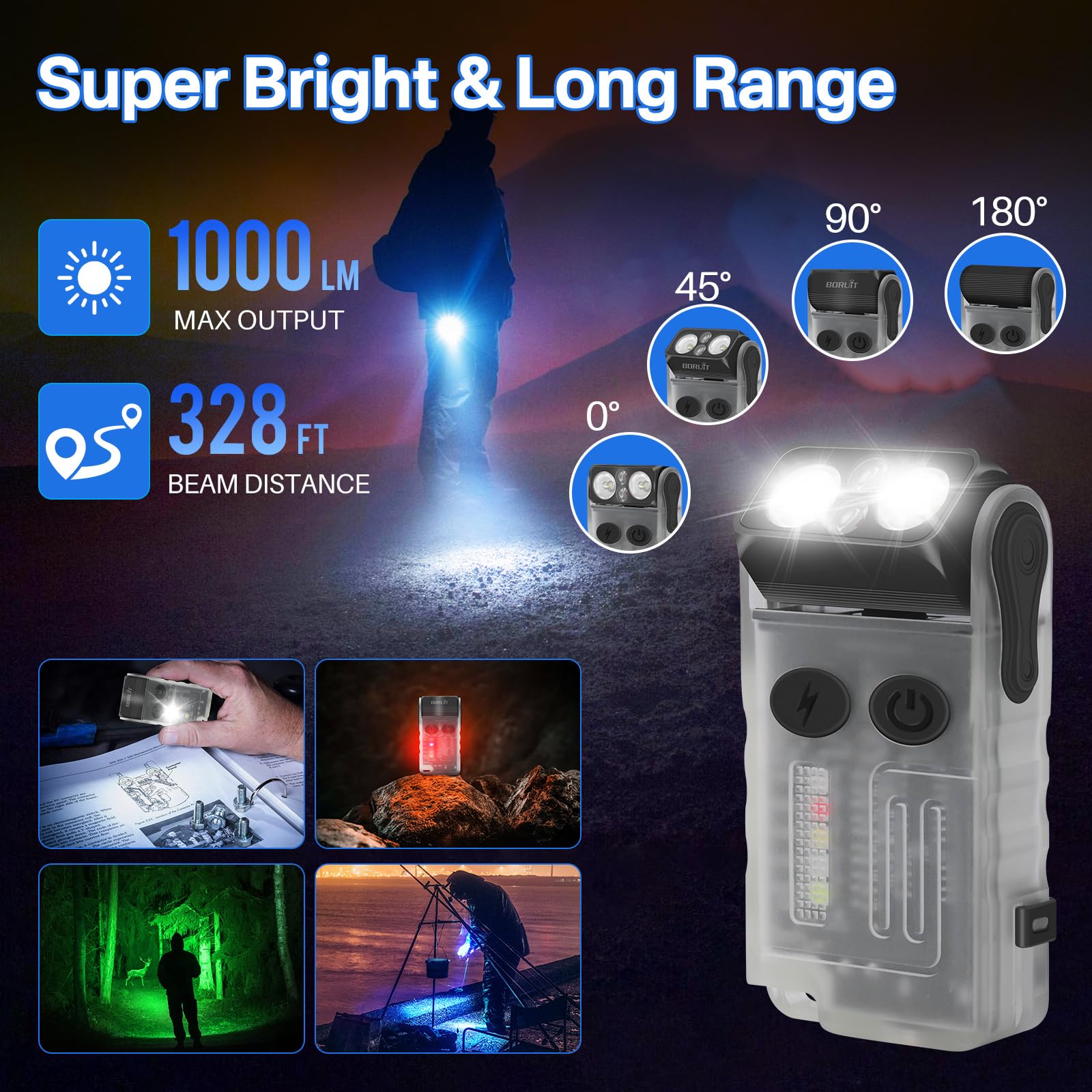 BORUiT V20 EDC Flashlight, 1000LM, USB C Rechargeable, 180° Swivel Head, IP67, Mini Pocket Light, White, Red Light Version