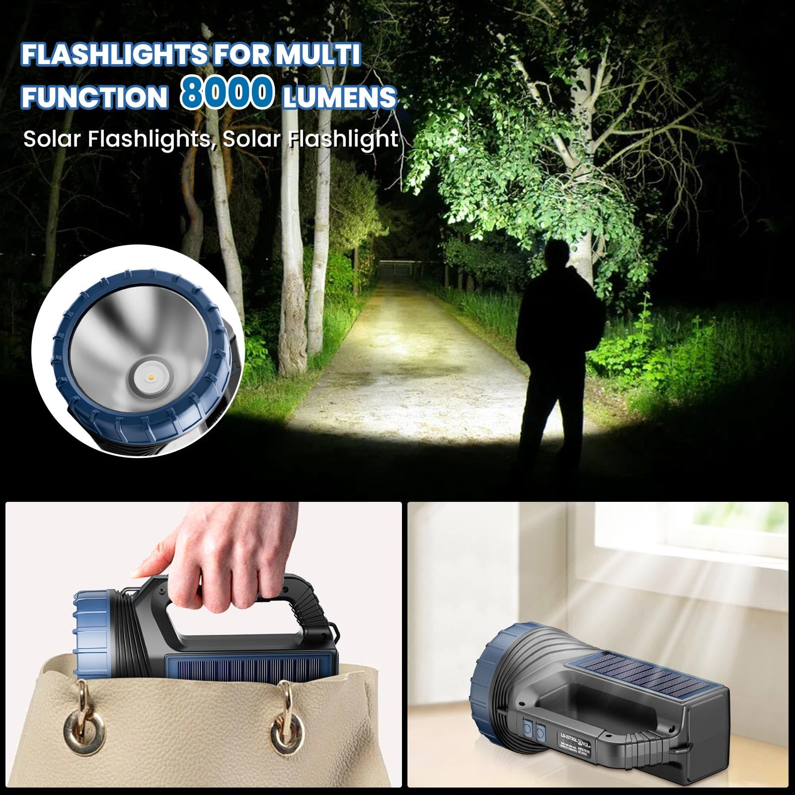 E-Shidai Solar Flashlights, 8000 Lumens Led, Usb C, 2Pcs, Black, Model Ls-2273, Multi-Function With Emergency Strobe Light