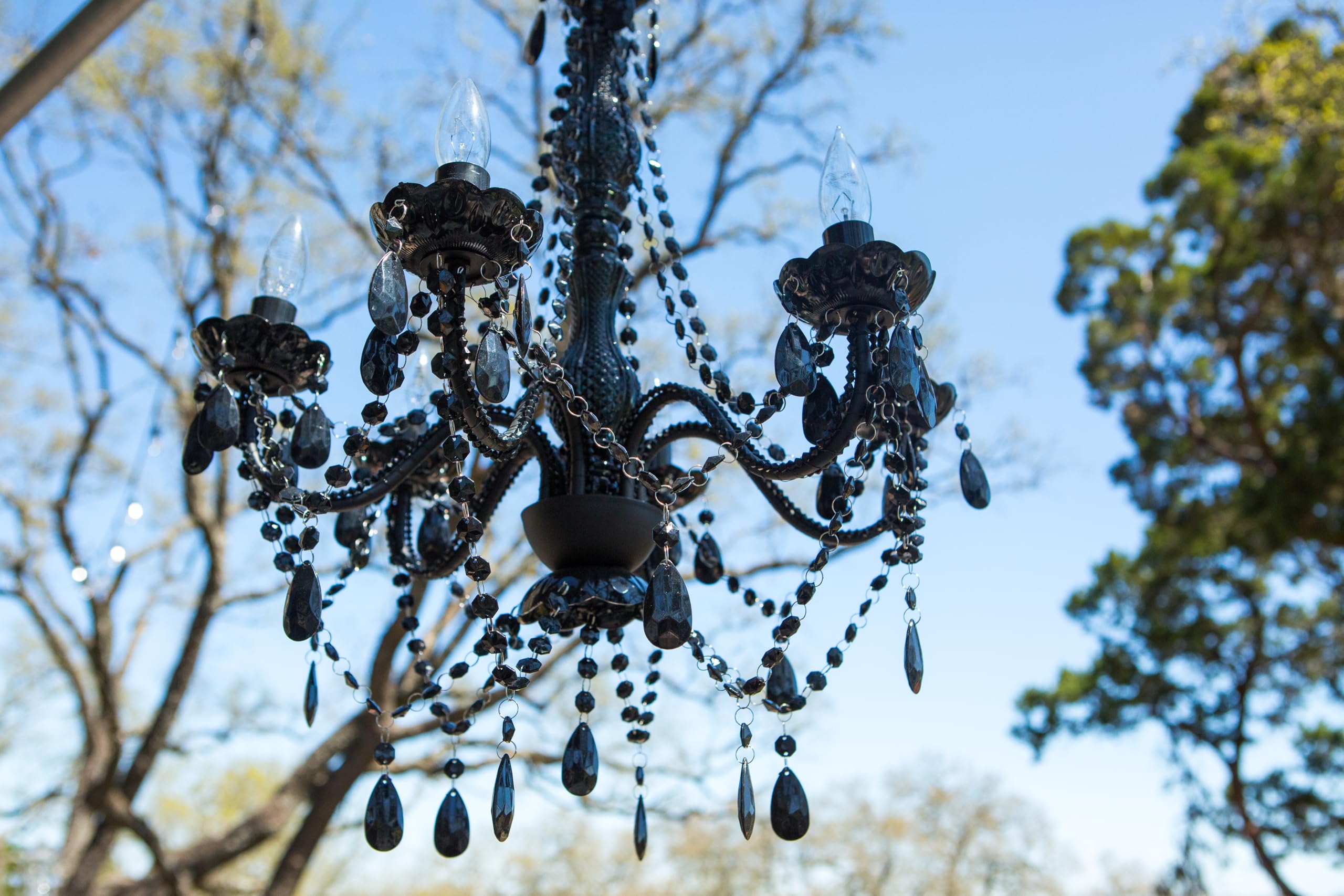 Brink House Outdoor 6 Light Plug-In Black Chandelier H26   Xw22   , Black Metal Frame, Black Acrylic Crystals, And Low Voltage I