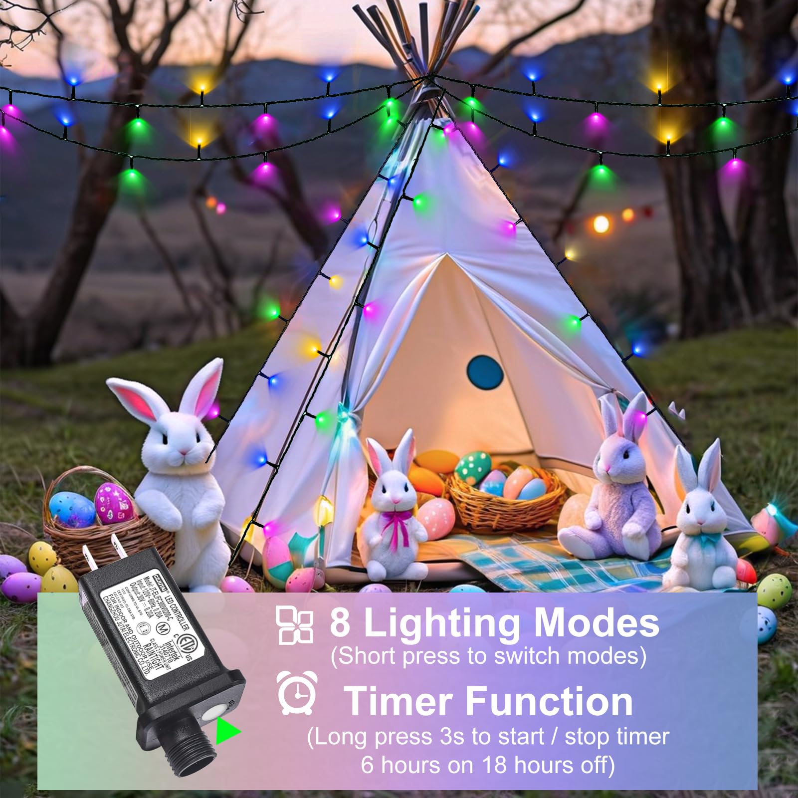 Easter Lights, 66Ft 200 Led Christmas Lights Outdoor With Waterproof 8 Modes, Plug In Connectable Twinkle String Light For House