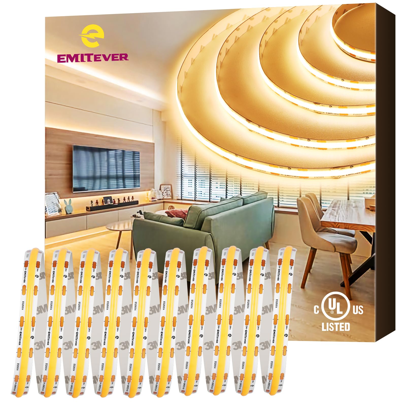 EMITEVER COB LED Band Lights Warm White  3000K Tape Light 16.4FT Enhanced High Density  DC 24V  300+Lumens/ft 2400LEDs/Spool  Ra 90+  3W/ft  UL Listed 5 Year Warranty (Power Supply Sold Separately)