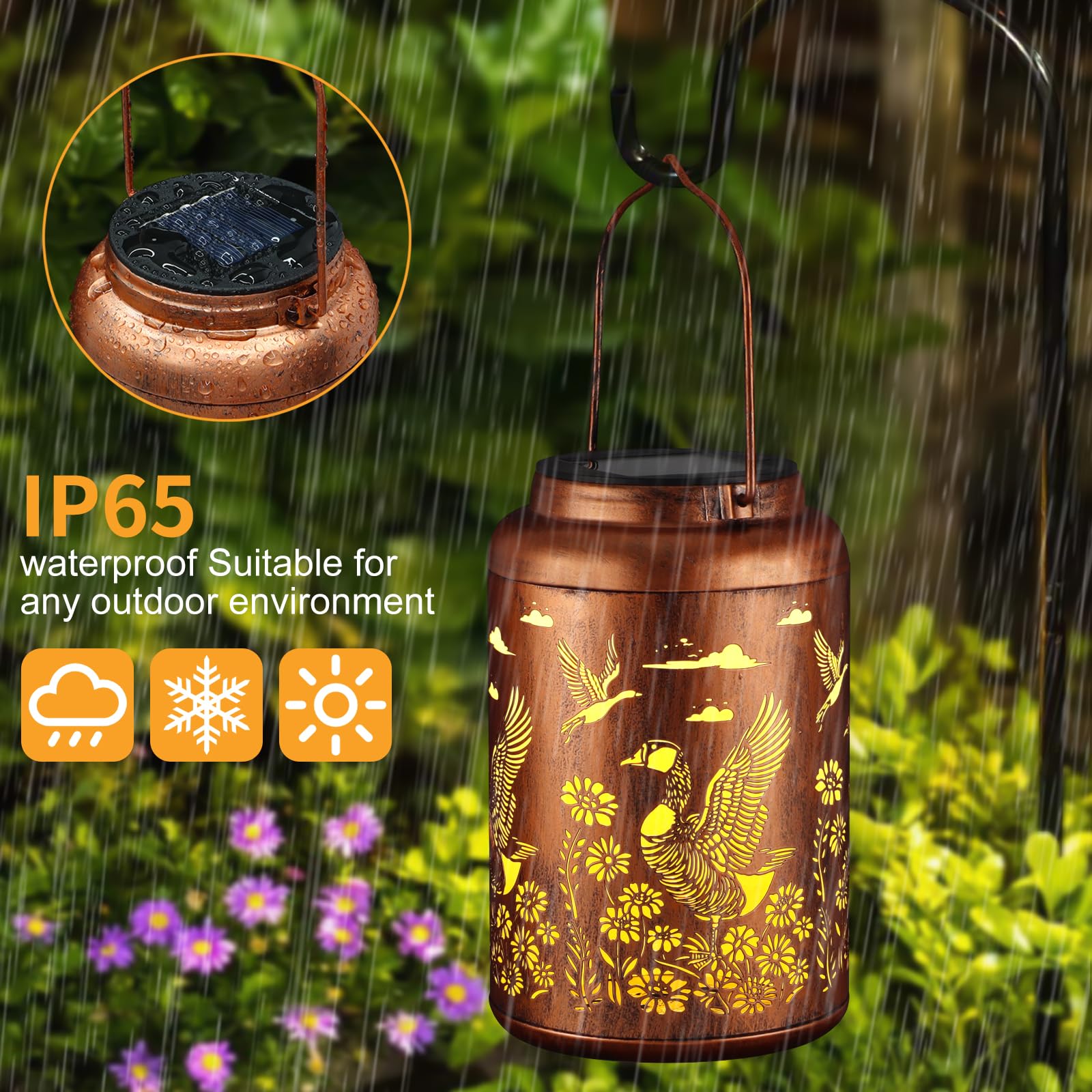 Tepaken Solar Lanterns Outdoor Waterproof Hanging Lights - Gold Metal Garden Decor for Yard, Patio, Porch, Model 117