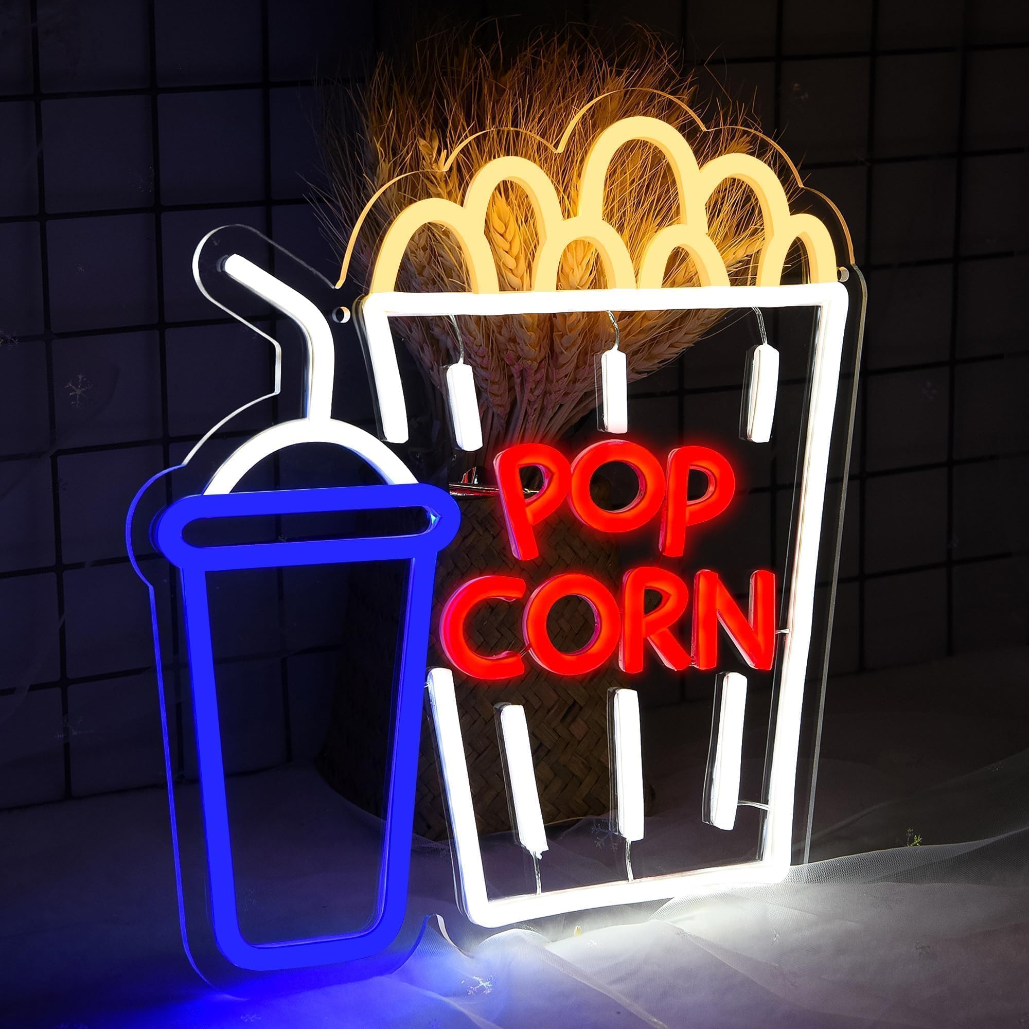 attneon Popcorn Neon Sign for Wall Decor, LED Light, 16.1x0.9in, Acrylic, Yellow/Blue/Red/White, Model JTLD080