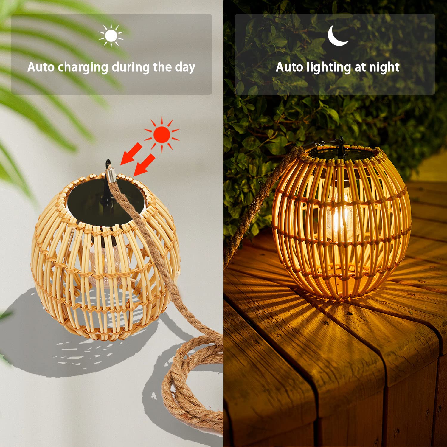 Livinlarge Hanging Solar Lantern Outdoor Waterproof, Large Solar Rattan Lantern Outdoor With Twine Handle, Bright Solar Outdoor Lights With Edison Bulb For Garden Patio Yard Decoration