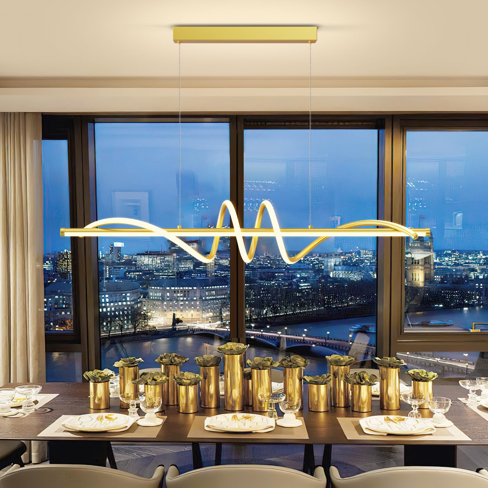 Lannlker Modern Led Pendant Lights, 47In Gold Chandelier Dimmable With Remote Control 3000K-6000K Adjustable Color Temperature,