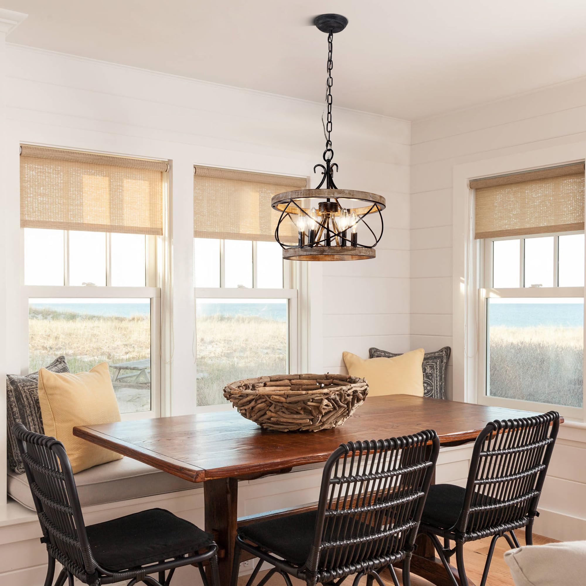 16 Farmhouse Chandelier Light Fixture, 5-Light French Country Wood Chandelier Rustic Drum Light Fixture Over Table For Kitchen I