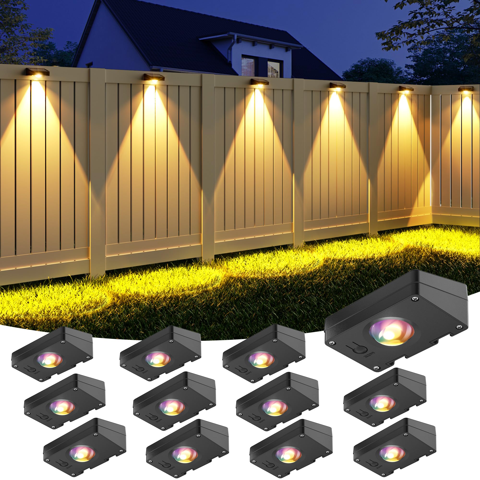 VOLISUN Solar Fence Lights, Fence Lights Solar Powered, IP65 Waterproof LED, RGB Color Changing Solar Light for Fence, Yard, Wal