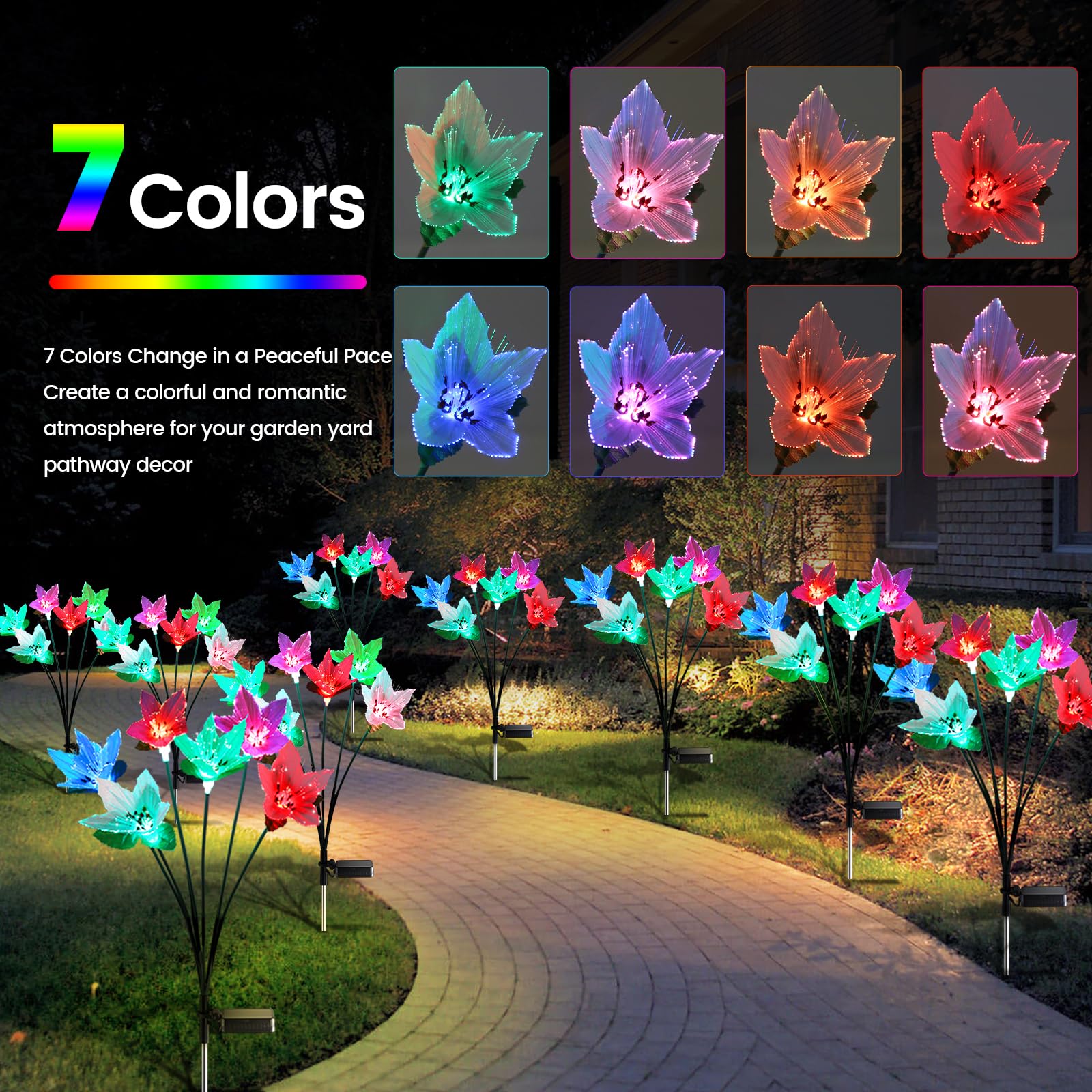 Adecorty Solar Garden Lights - Swaying Outdoor Decorative Waterproof 3 Pack With 7 Color Changing 18 Fiber Optic Flowers For Out