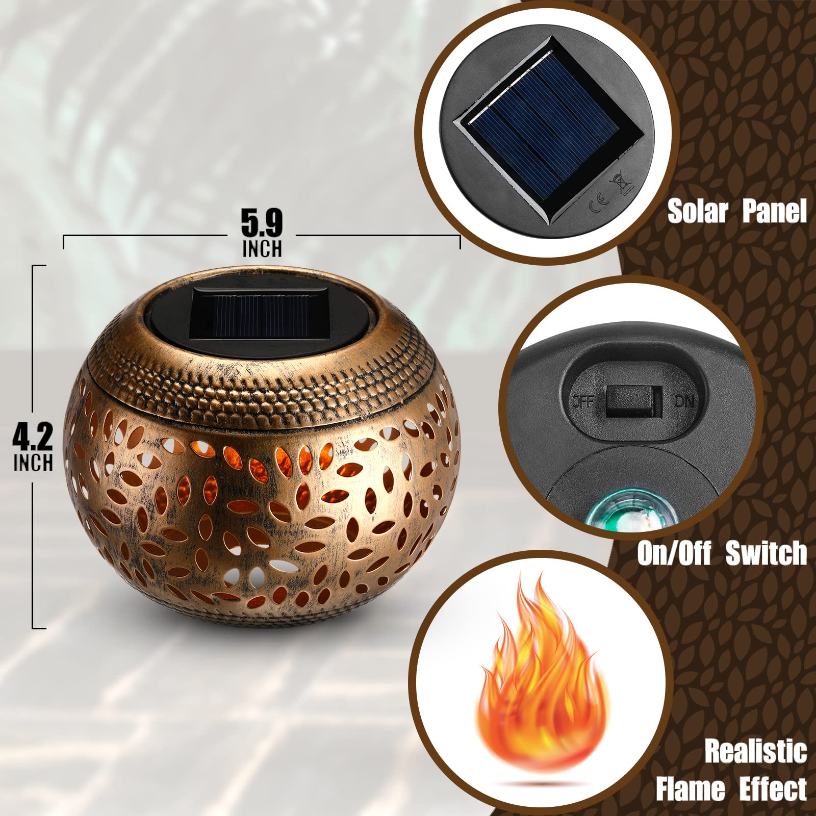 2 Pcs Solar Table Lantern Outdoor Waterproof Flickering Flame Solar Powered LED Light Decorative Metal Outdoor Lamp for Outside