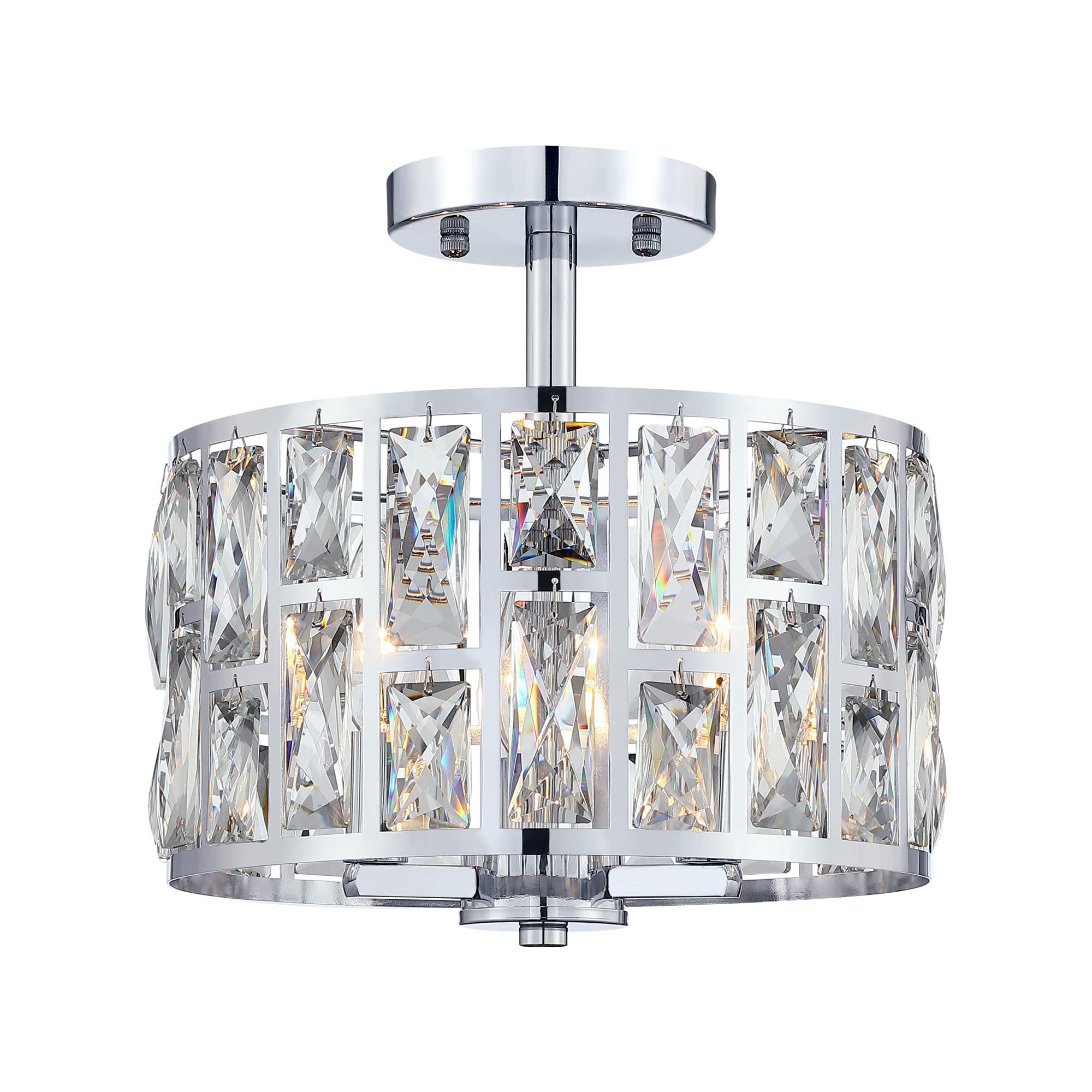 Mexo Modern Farmhouse Crystal Semi Flush Mount Ceiling Light, 3Lt Drum Shade, Silver Chrome