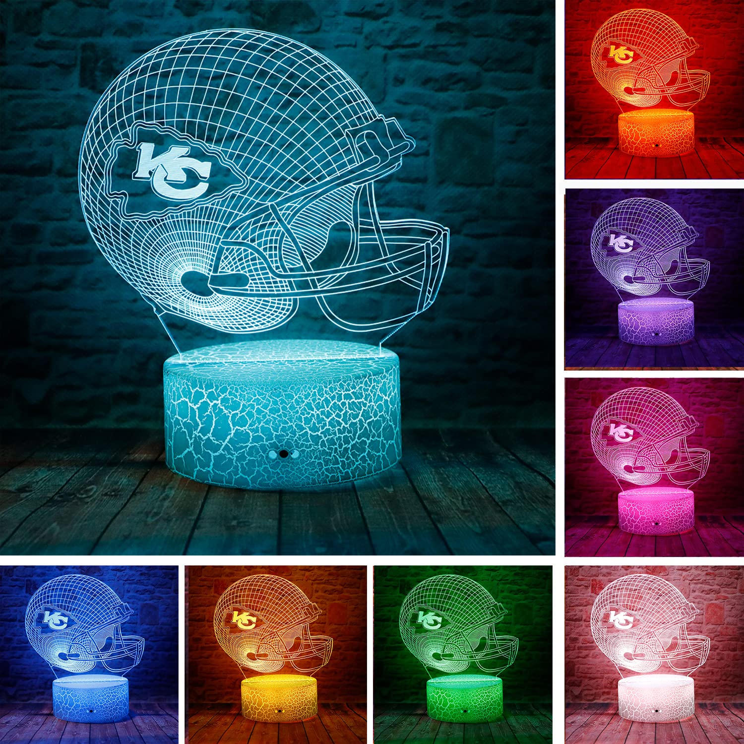 junnire 3D Optical Illusion Football Helmet LED Lamp, 7 Colors, Remote Control, Perfect for Kids & Adults, Model 1212