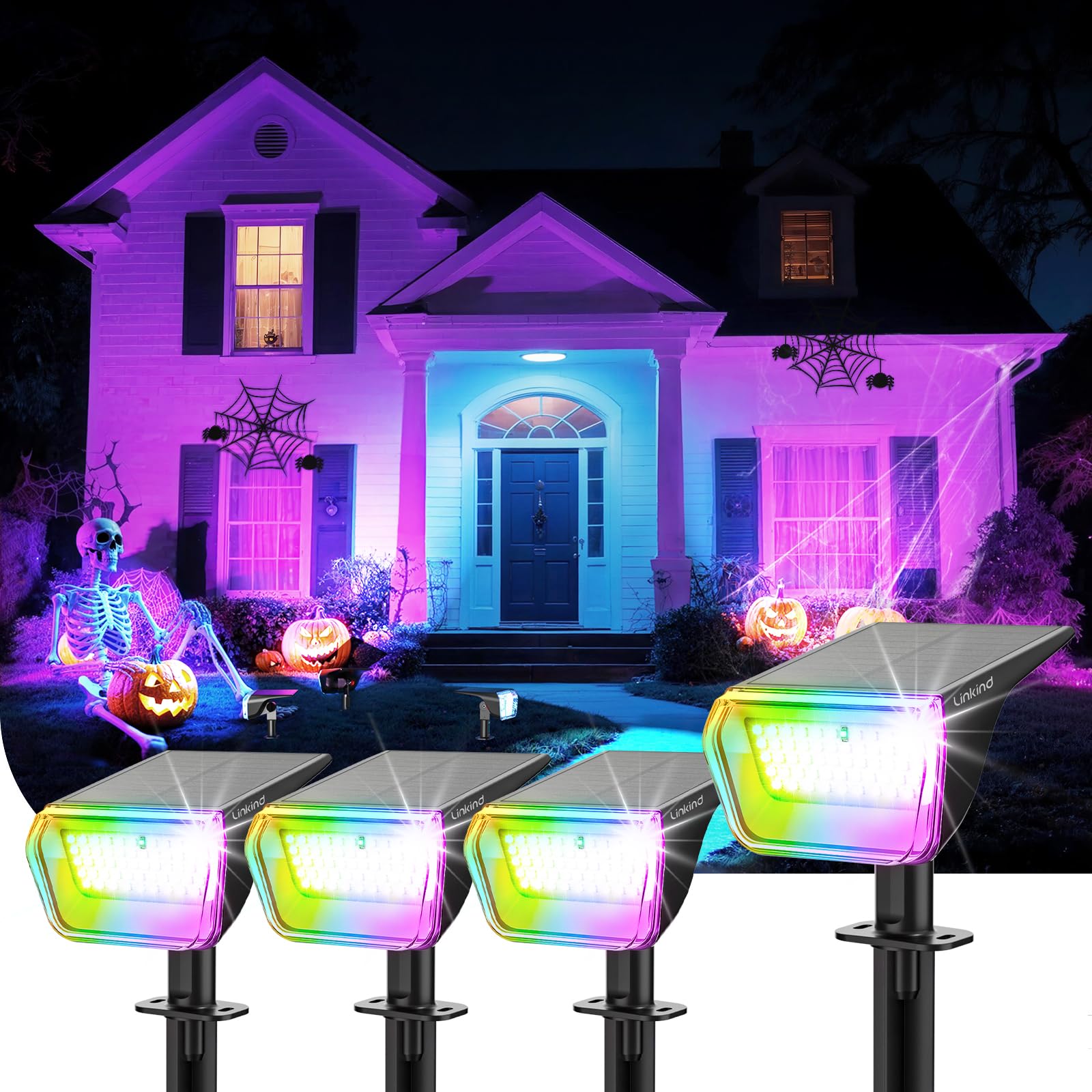 Linkind RGB Solar Christmas Lights Outdoor Spotlights, 10 Lighting Modes, IP67 Waterproof, 4 Pack, Multicolor, Model LL18001-SP004_RGB-US-4-N1