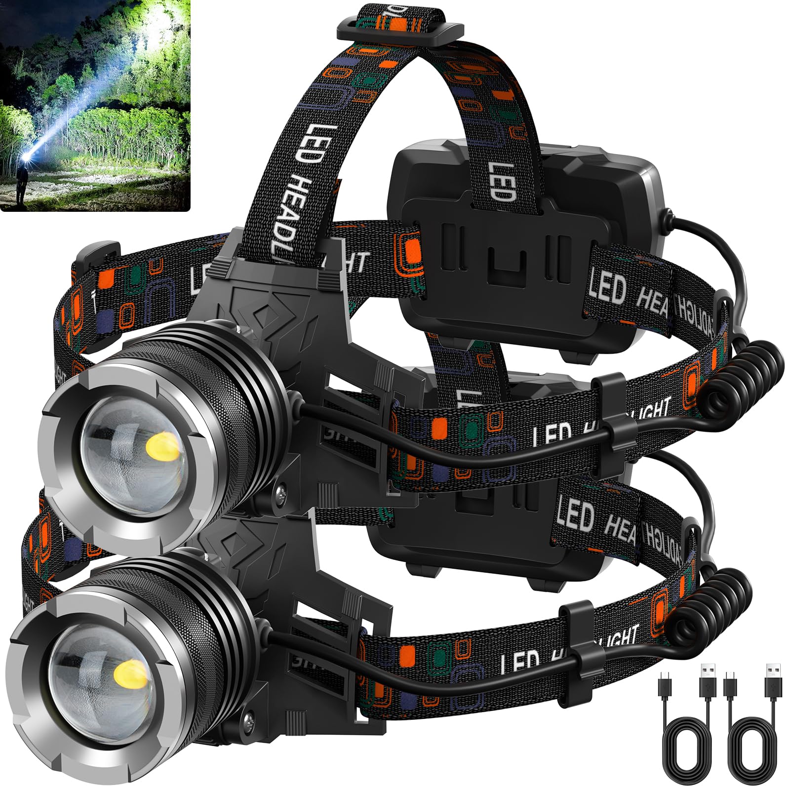 Nj Forever Led Rechargeable Headlamp, 990,000 Lumens Super Bright Head Lamp With 5 Modes, 90Adjustable, Usb Rechargeable, Waterp