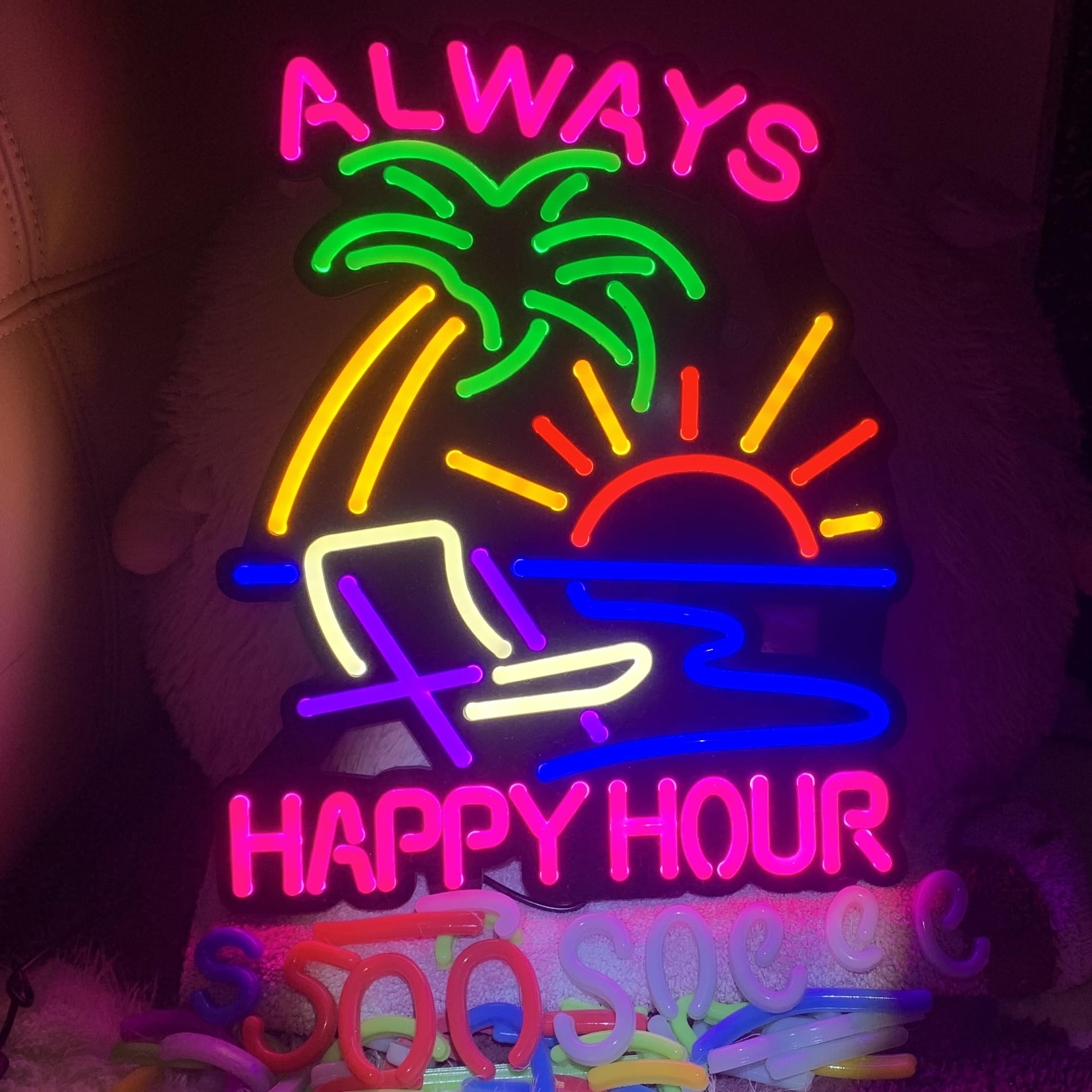 Jigsaw Puzzle 40Pcs Happy Hour Neon Light Sign  Man Cave Men Led Light  Home Wall Signs Gifts  Decorations  Palm Tree  Beach  Sun  Tiki Bar  Garage  Accessories  Cart  Party  Bedroom  Led Sign  Lights Sailboat