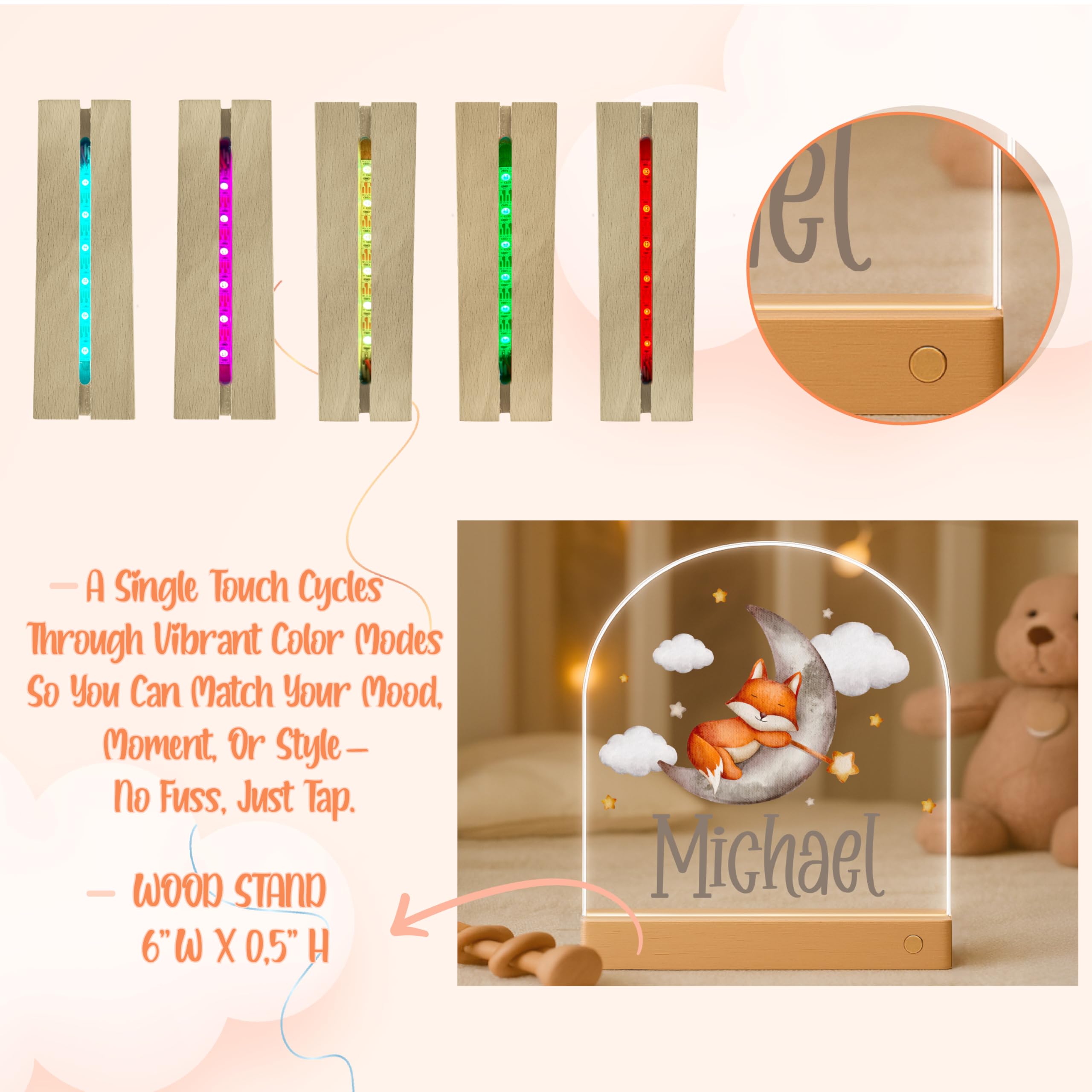 Personalized Kids Name Night Light - Custom Baby Gift Acrylic Led Lamp With Stars  Moon & Cute Designs - Nursery Bedside Nightlight Room Decor For Boys & Girls - Unique Birthday  Christmas Gift Idea