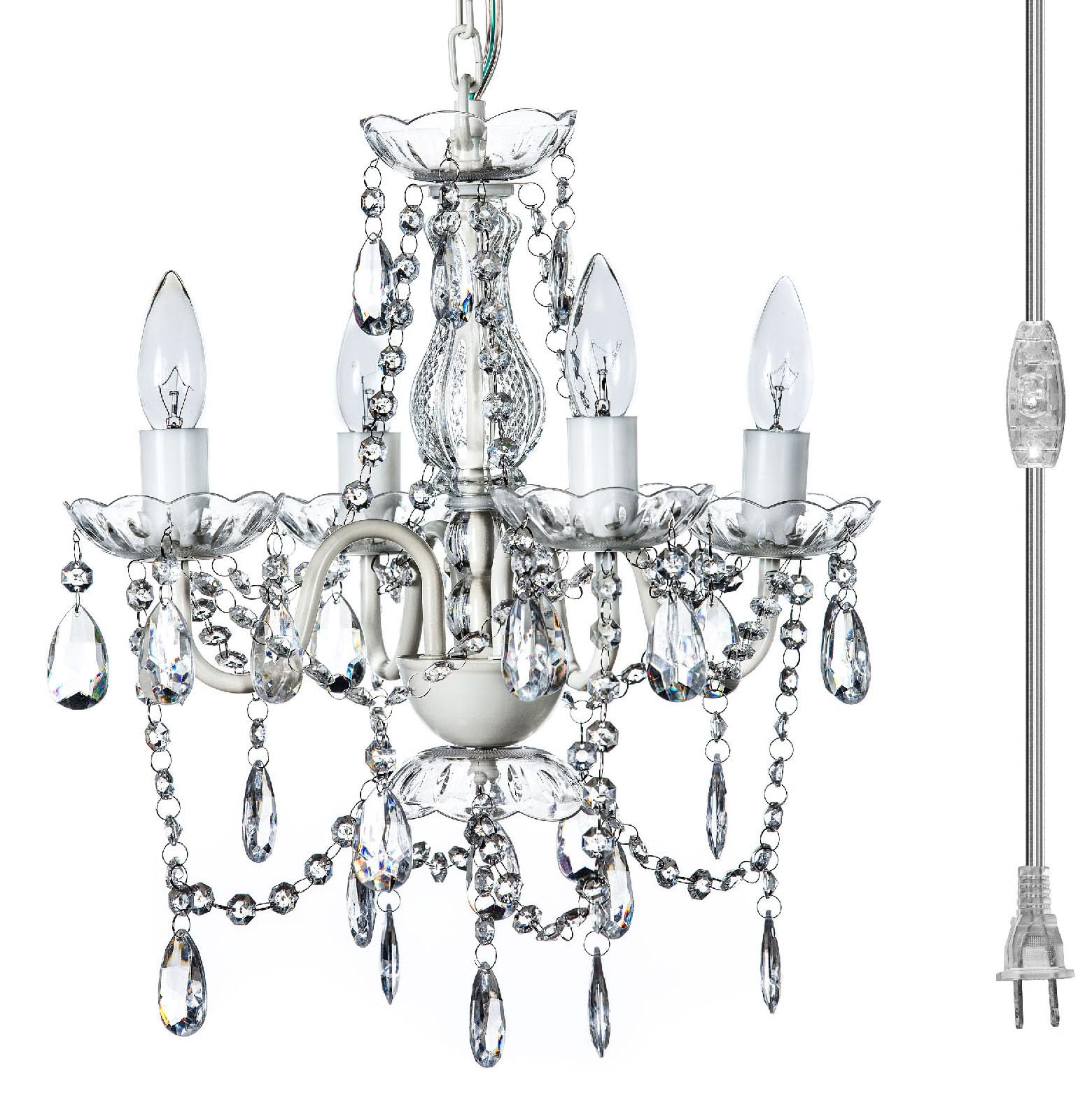 Brink House Outdoor 4 Light Plug-In Crystal White Chandelier H17   Xw15   , White Metal Frame, Clear Acrylic Crystals, And Low V