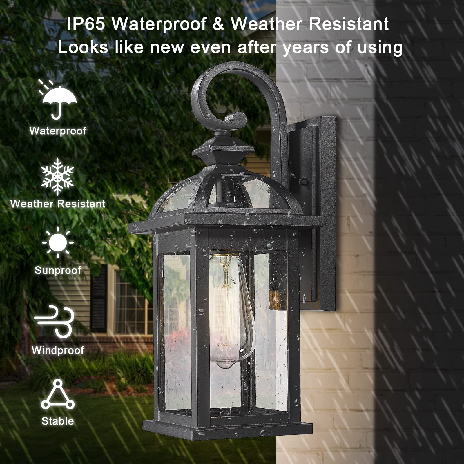 Darkaway Outdoor Wall Sconce, Waterproof Seeded Glass, 15in Aluminum, Black-Seeded Glass, Model 6D5B, 1 Pack