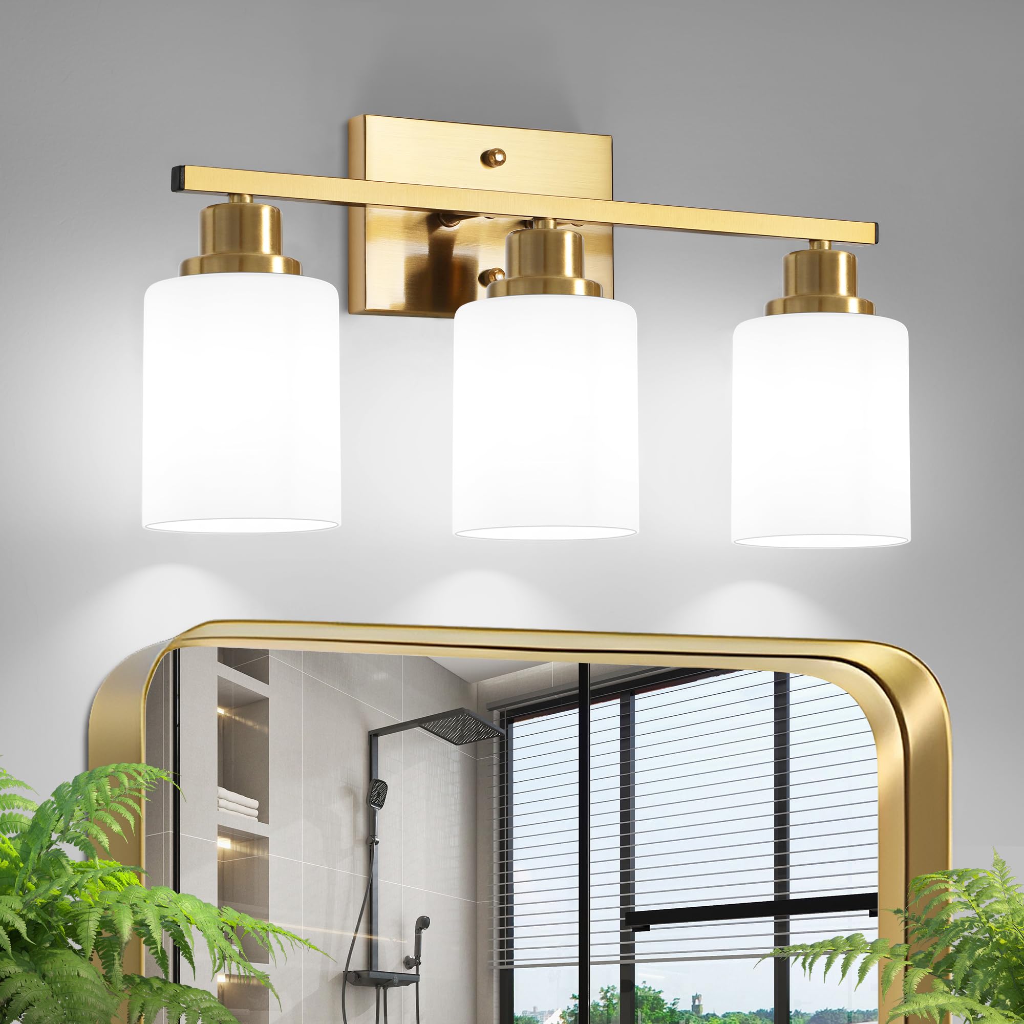 Ascher Bathroom Light Fixtures  3-Light Vanity Light Over Mirror  Gold Wall Sconces with Milky White Frosted Glass Shades  Wall Lamp for Living Room Bedroom  E26 Base(Bulbs Not Included)