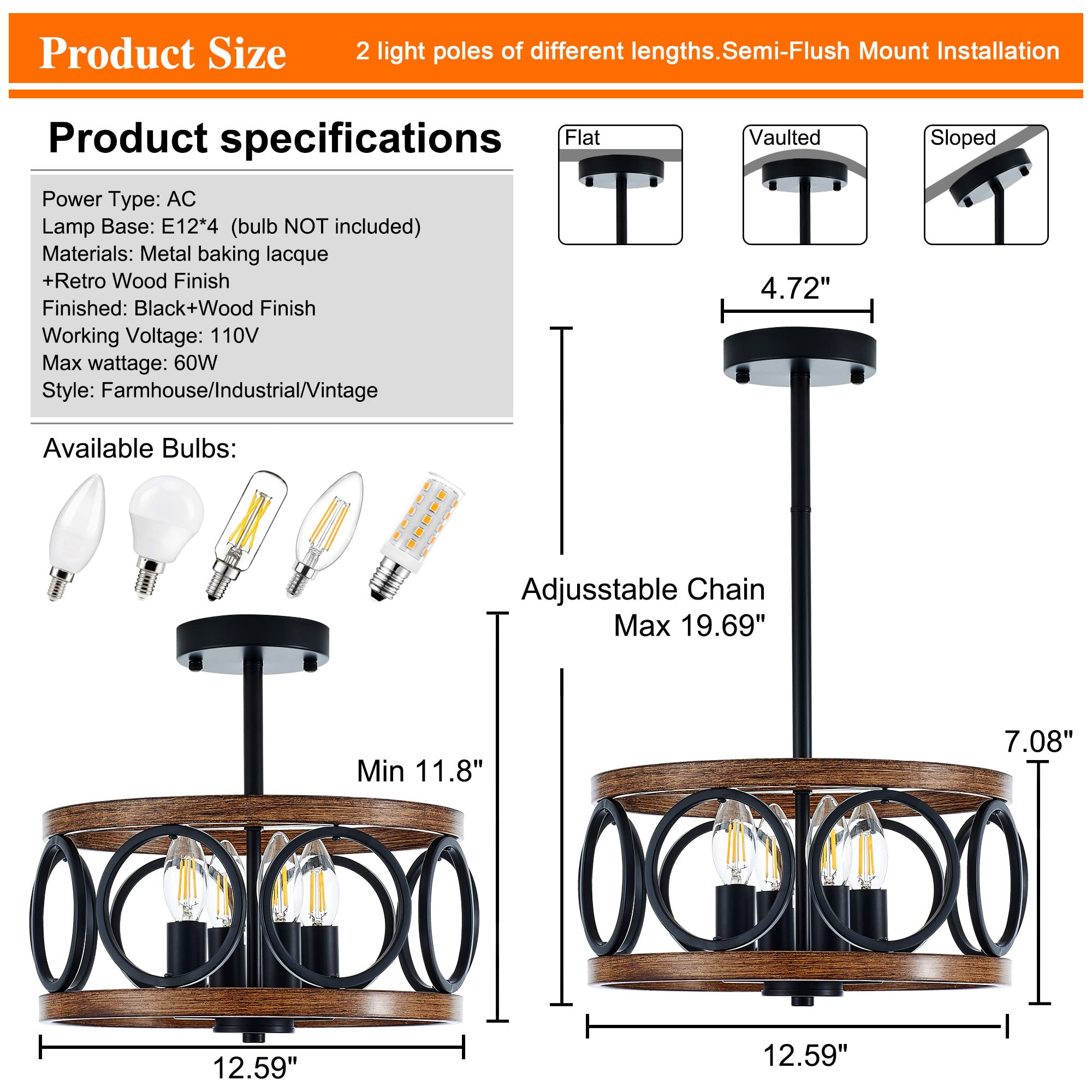 Faibra 4-Light Farmhouse Drum Pendant Light,12.6'' Nature Wood Texture Vintage Rustic Chandeliers Black Metal Industrial Hanging