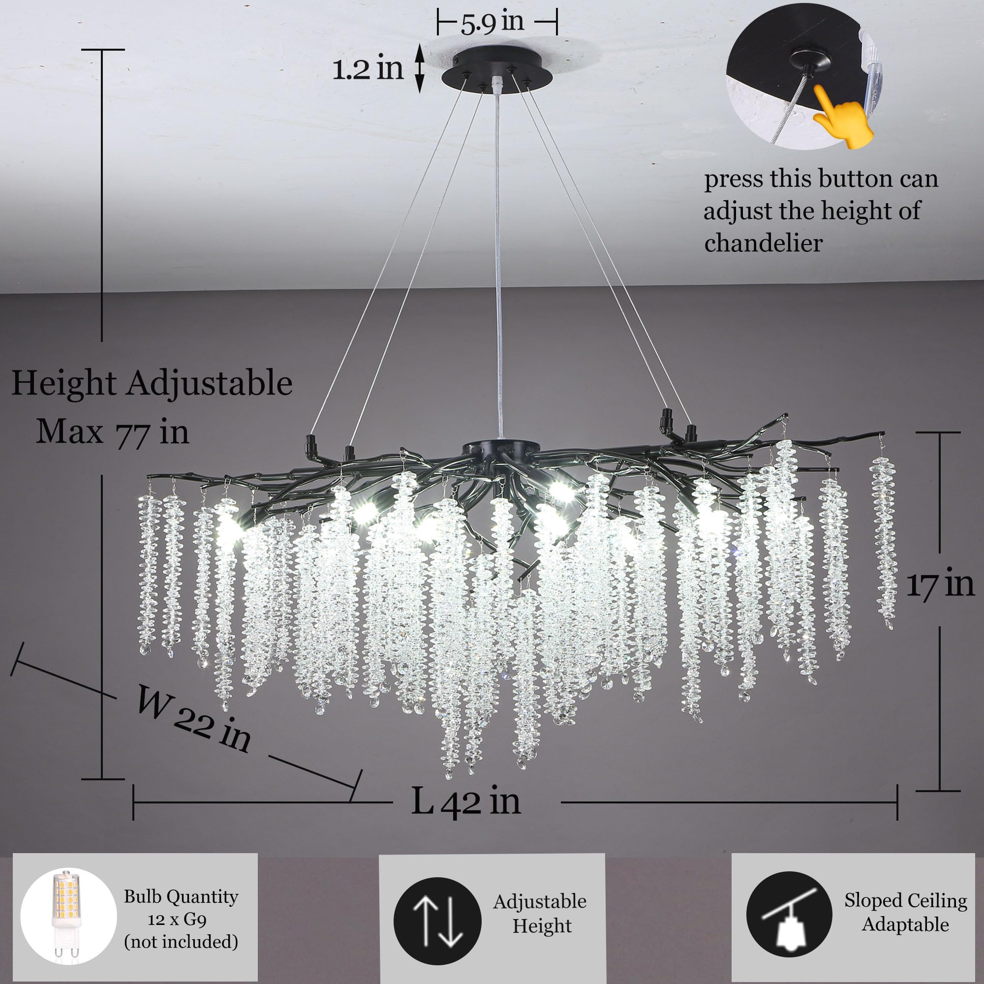 Upfelw Modern Crystal Tree Branch Chandelier Black, L42'' Art Deco Large Rectangle Linear Raindrop Indoor Lighting Fixture For D