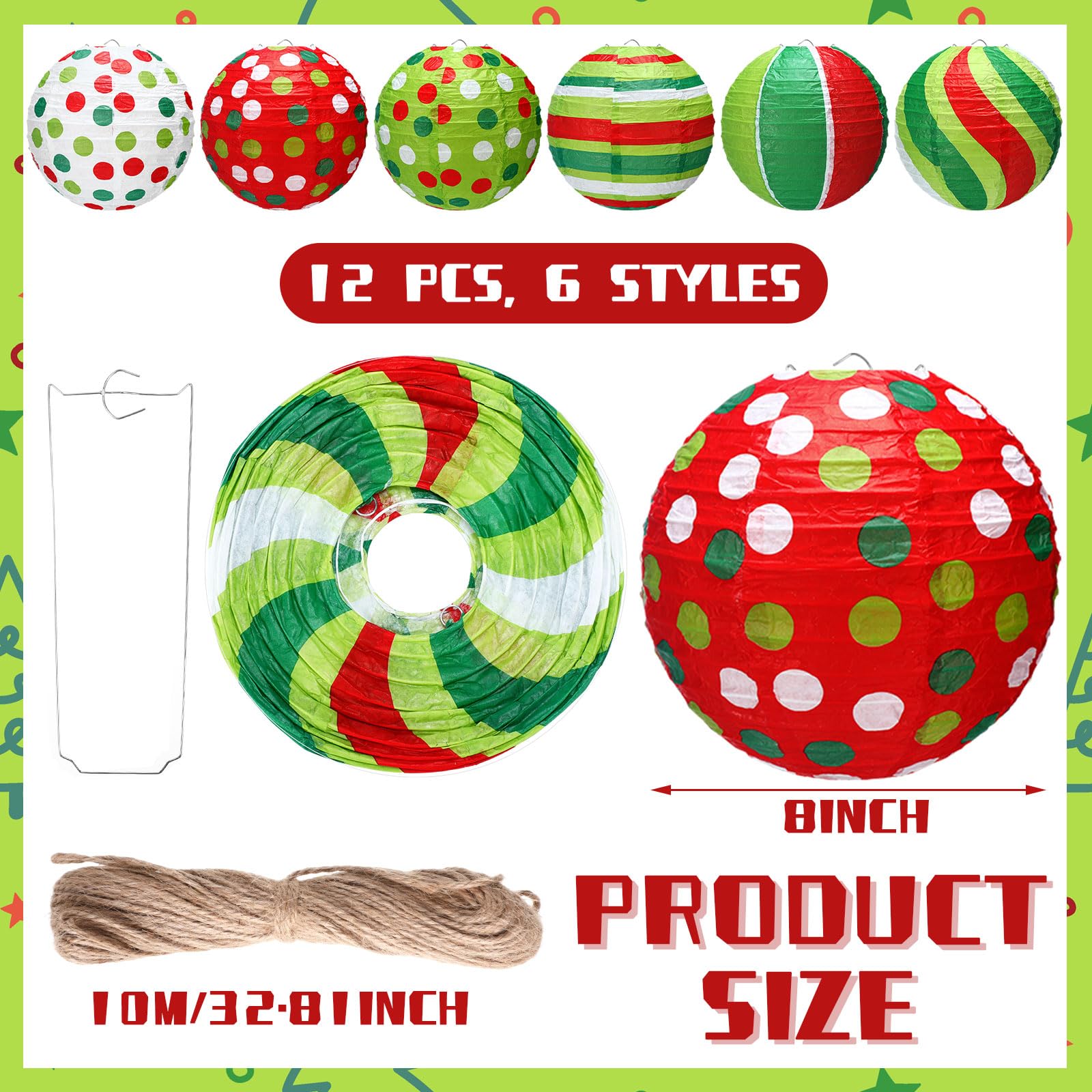 Rossesay 12 Pcs Red And Green Paper Lantern 8 Inch Christmas Hanging Lantern Indoor Outdoor Decorative Round Hanging Decor Ornam