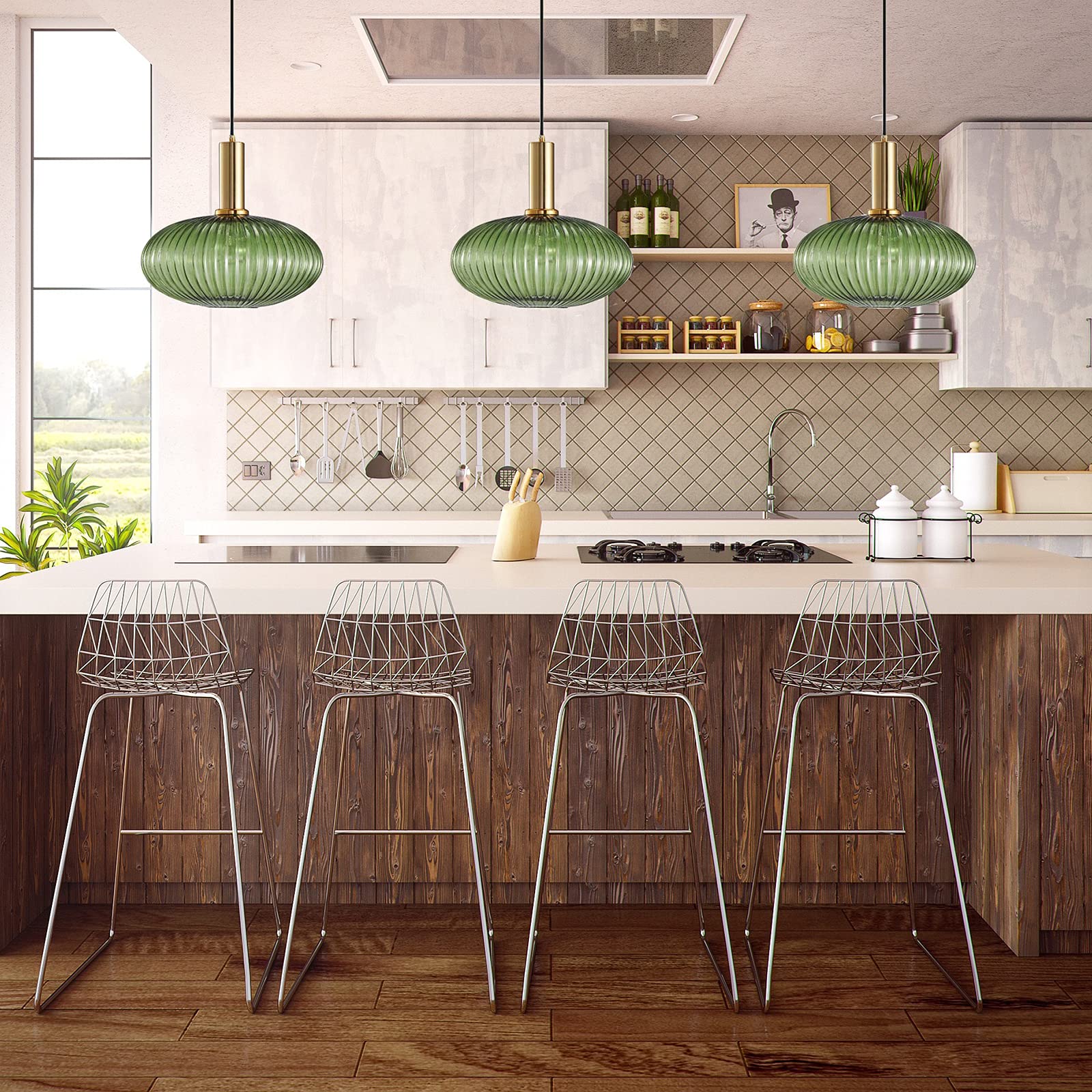 I-Xun Green Modern Pendant Light, 11.81'' Striped Glass Fixture For Kitchen & Dining Room