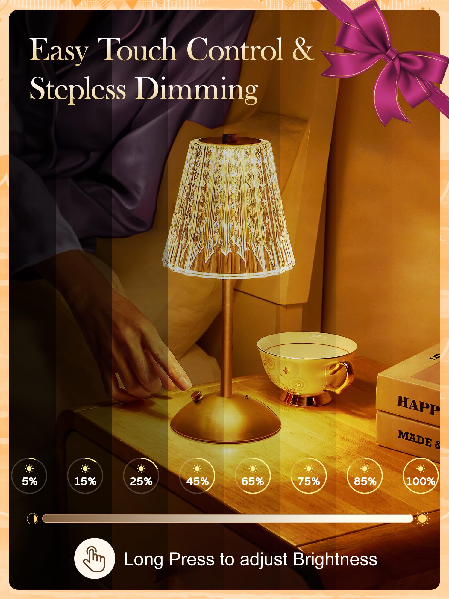 One Fire Table Lamp?Gifts Package?, Dimmable Cordless Lamp, 3 Colors Gold Lamp,Touch Lamp Diamond Crystal Lamp, 2000Mah Battery
