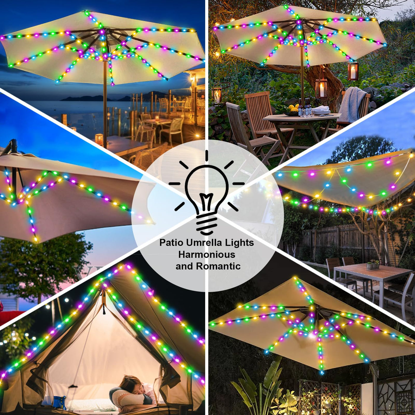 colored patio umbrella lights ZNYCYE Solar Umbrella Lights, 8 Strands Patio Umbrella Lights Outdoor with 8 Modes 3V Solar Panel Clip 112 Led Outdoor Waterproo