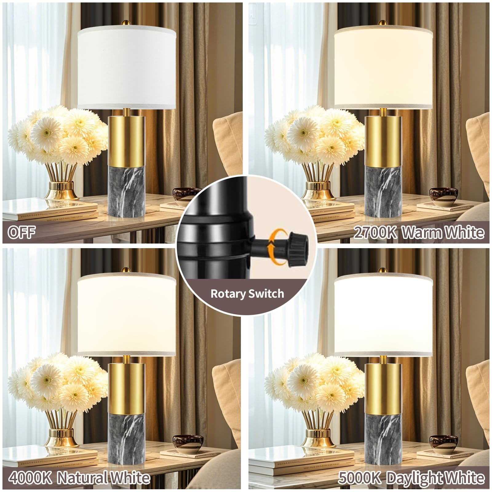 22'' Faux Marble Table Lamps Set Of 2, Modern 3-Color Temperature Table Lamps With Fabric Shades, Contemporary Bedside Nightstan