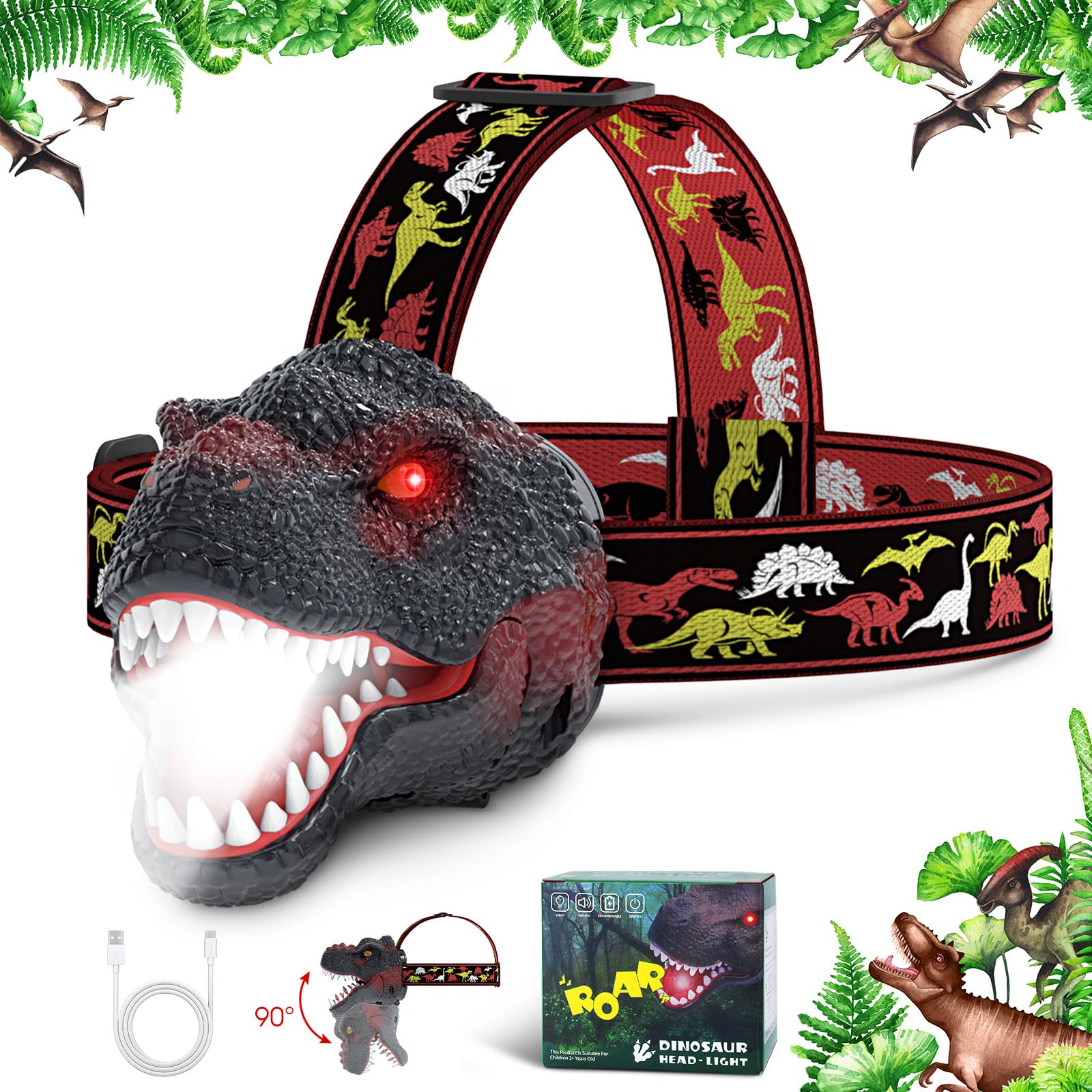 Dysaim Kids Headlamp,Dinosaur Headlamp For Kids Led Head Lamp Camping Gear Flashlight,Hiking Accessories Headlight,Ideal Gift Toys Suitable For Reading Birthday Halloween Xmas Party