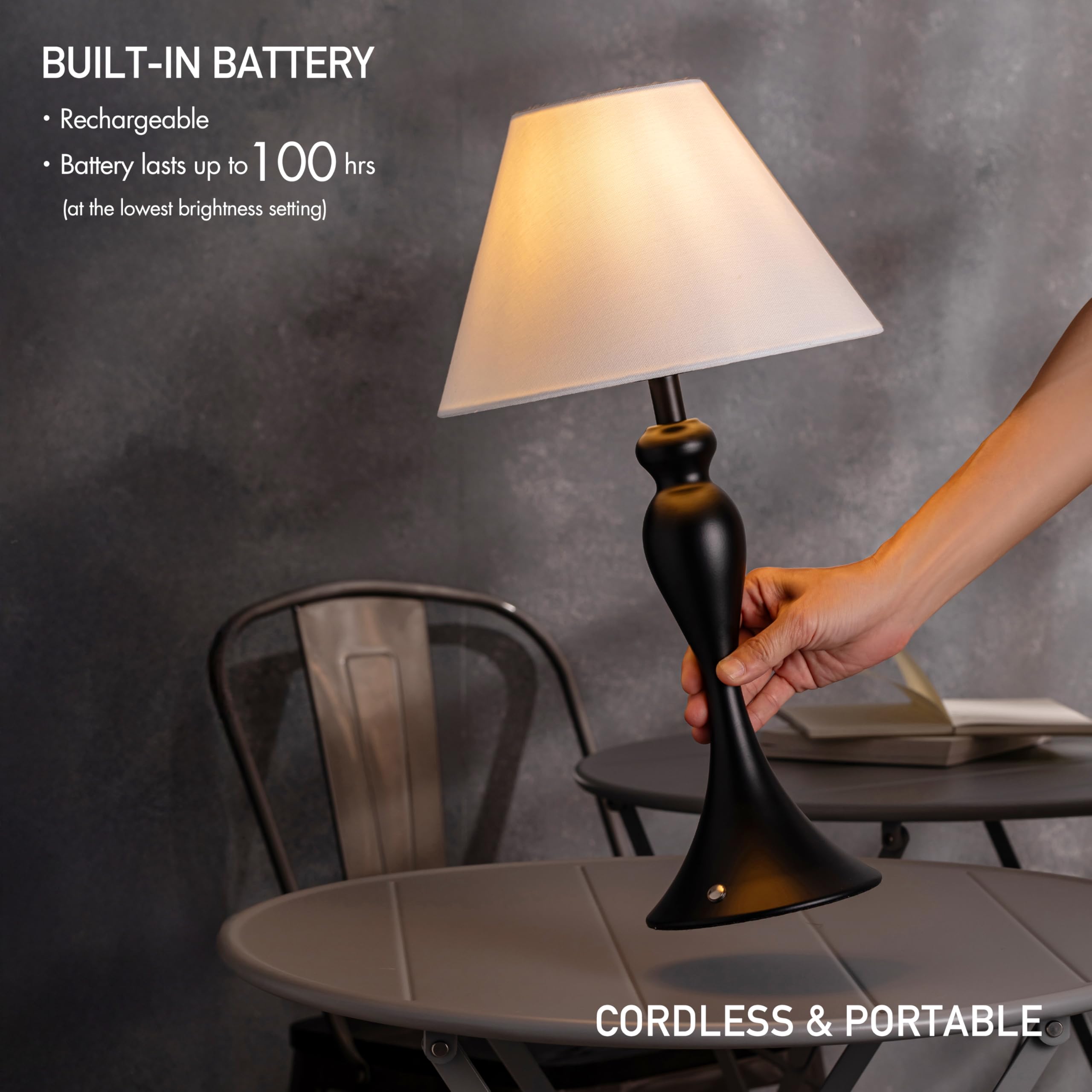 O'Bright Cordless Table Lamp - Rechargeable, Touch Dimmable, Portable, Black, Model OB-TL25B