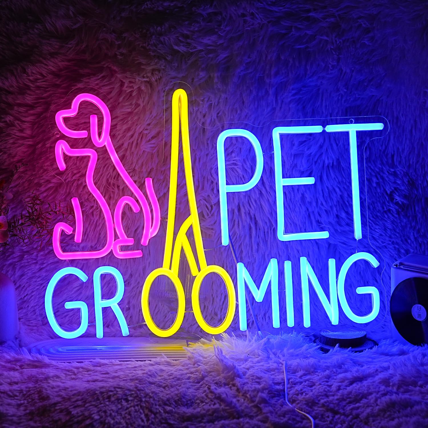 LISIGNVE Pet Grooming Neon Sign Dimmable LED Light 16.7inx12in Pink Acrylic for Wall Decor, USB Powered, Cat Dog Animal Gift