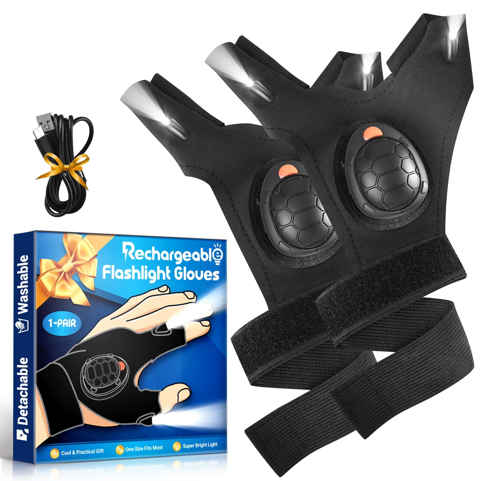 PARIGO LED Flashlight Gloves - Hands-Free Light Tool for Men, Cool Christmas Gifts, Dark Black Turtle Design