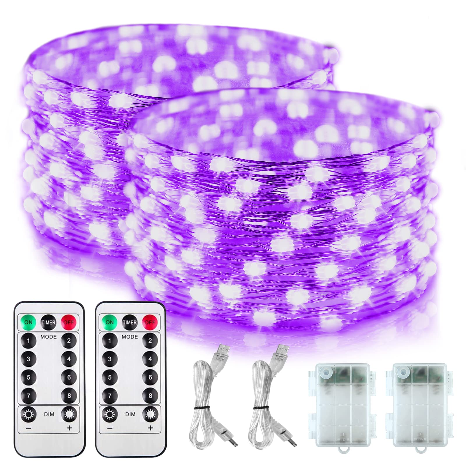 Omika 2 Pack Battery Operated Uv Blacklight Led String Lights 16.4Ft, 8 Modes, Purple, Flexible With Remote For Halloween Décor