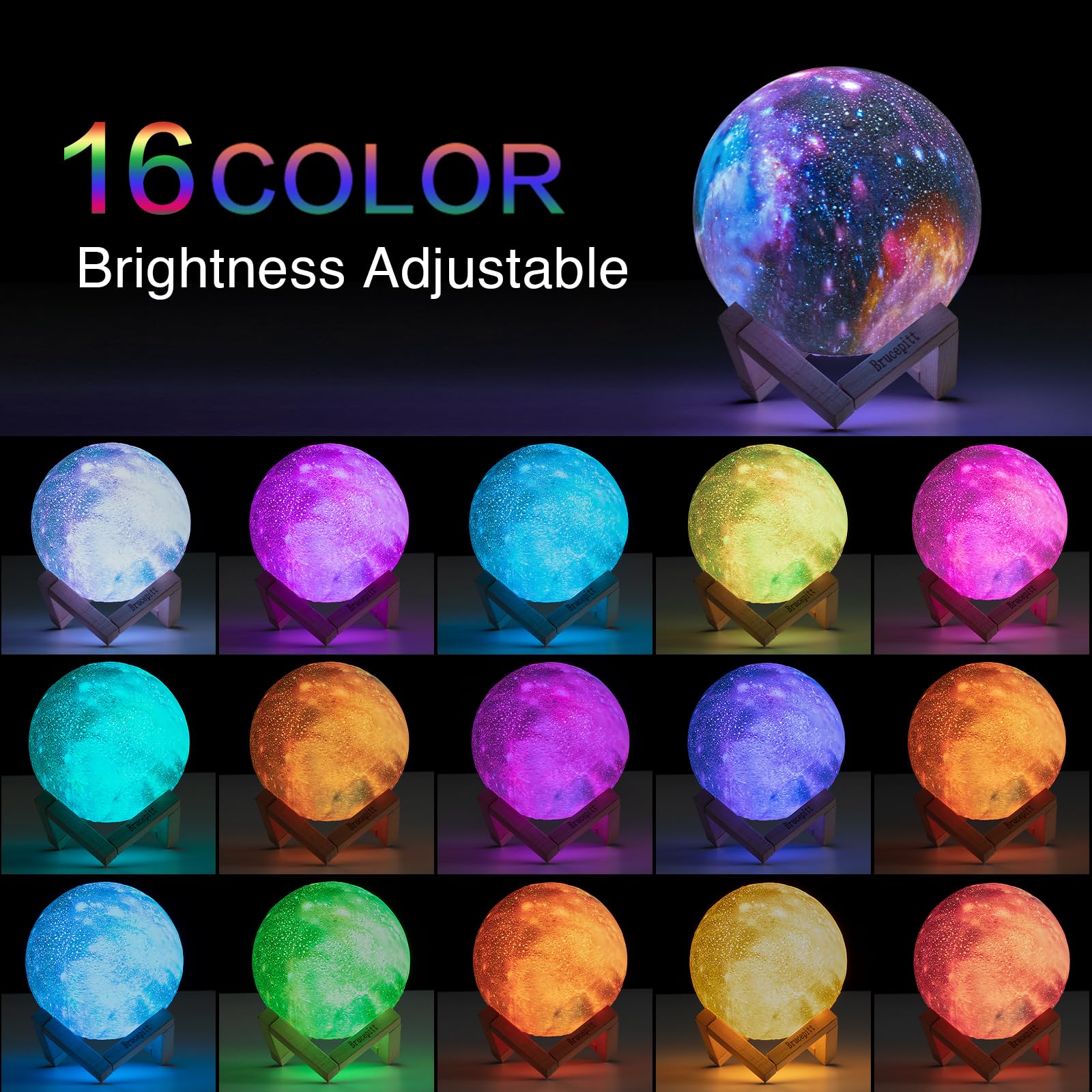 Brucepitt Moon Lamp Galaxy Lamp Upgraded Timing 7.1 Inch 16 Colors 3D Moonlight Galaxy Light,Moon Night Light For Adults,Kids Lamp Moon Gifts For Women Girls Boys Bedroom
