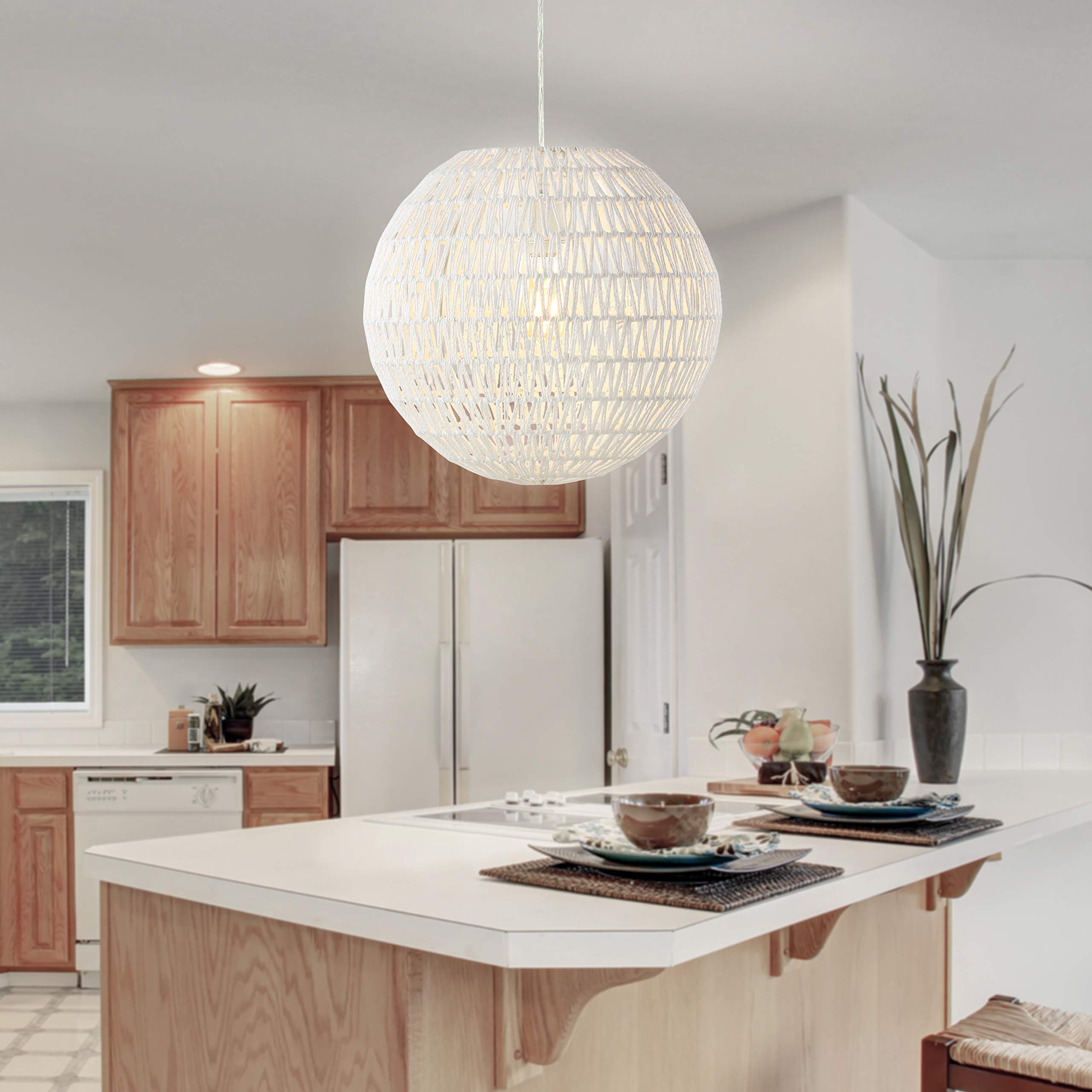 JONATHAN Y Luna Pendant Light, 15.7in Woven Rattan, Dimmable, Adjustable, White, Model JYL6503A