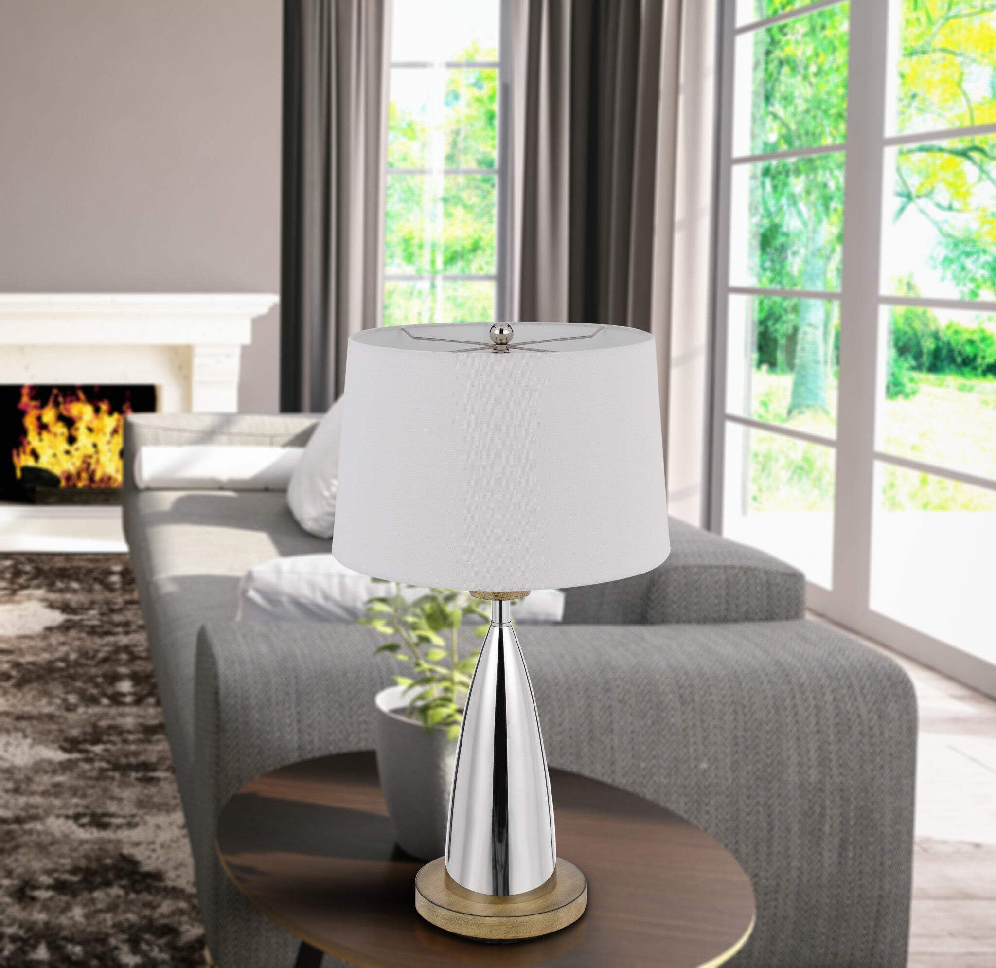 Homeroots Usb Table Lamp - 31 In. Silver Metallic With White Empire Shade, Model 524742