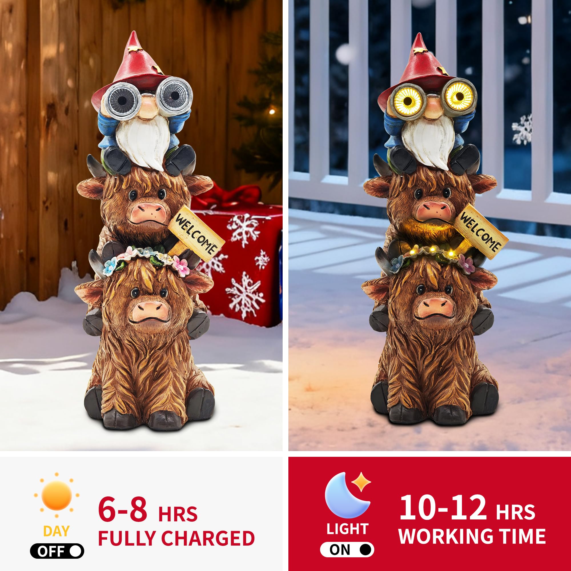 CFFOWNUG Christmas Garden Gnome Statue - 11'' Highland Cow Decor with Solar Light, Brown Resin, CF-Cow001-Telescope