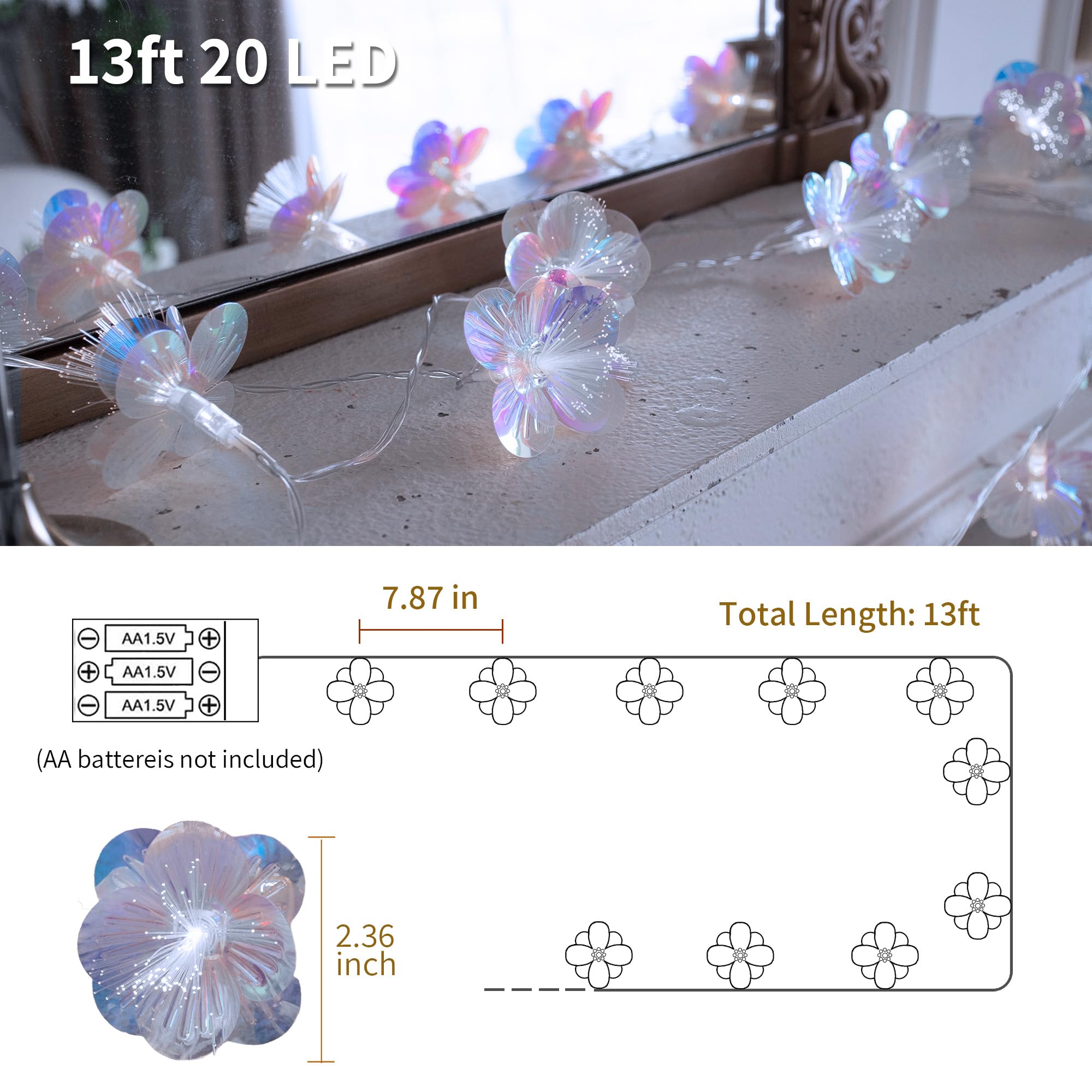 Yolight Fiber Optic Flower String Lights Battery Operated With Timer, 13Ft 20 Led Flower Garland Lights Fairy Lights For Room Ta