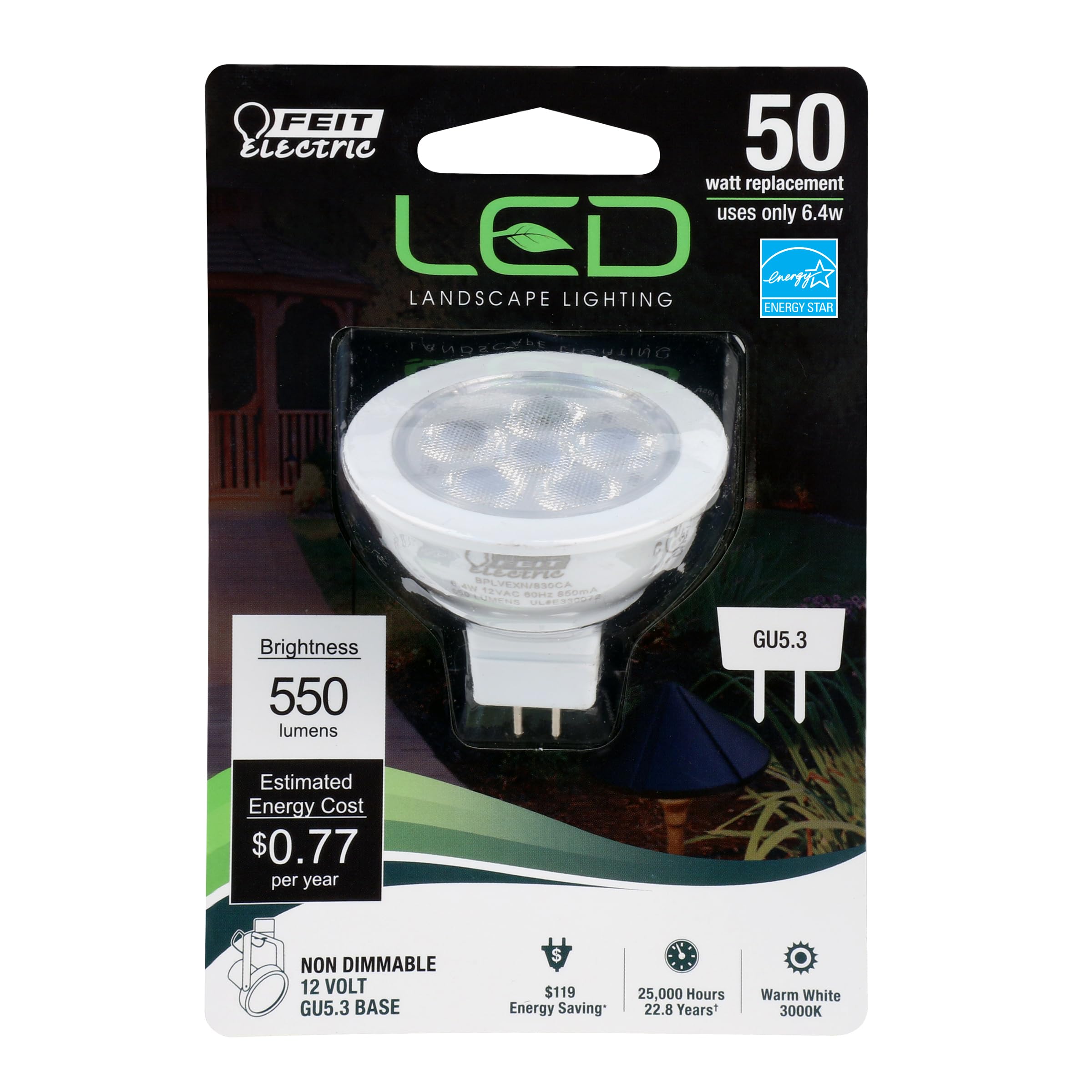 Feit Electric Led Mr16 Bulb, 50W Equivalent, Gu5.3 Bi-Pin Base, Non-Dimmable, 550 Lumens, 3000K Warm White, Track Light Bulbs Fo