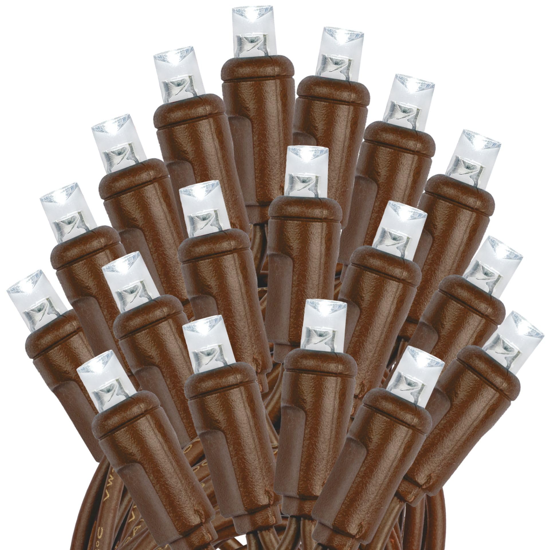 Novelty Lights 25ft 50 LED Christmas String Lights, Pure White, Brown Wire, Dimmable, Connectable, UL Listed, Model MRD-25B-2