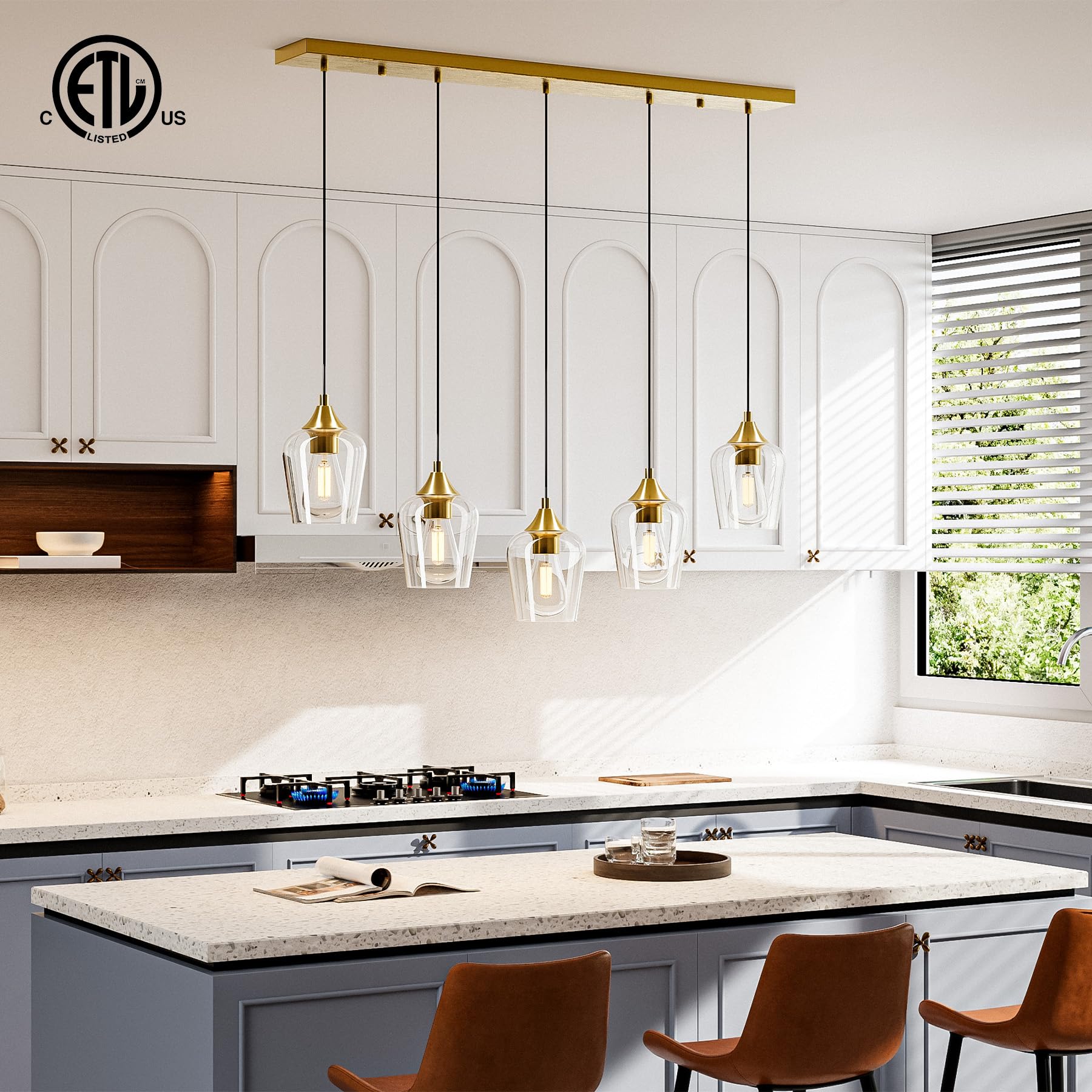 VONLUCE 5-Light Pendant Light Fixture, Modern Metal Pendant with Wine Glass Shades, Brushed Gold, Adjustable Height 10"-55"
