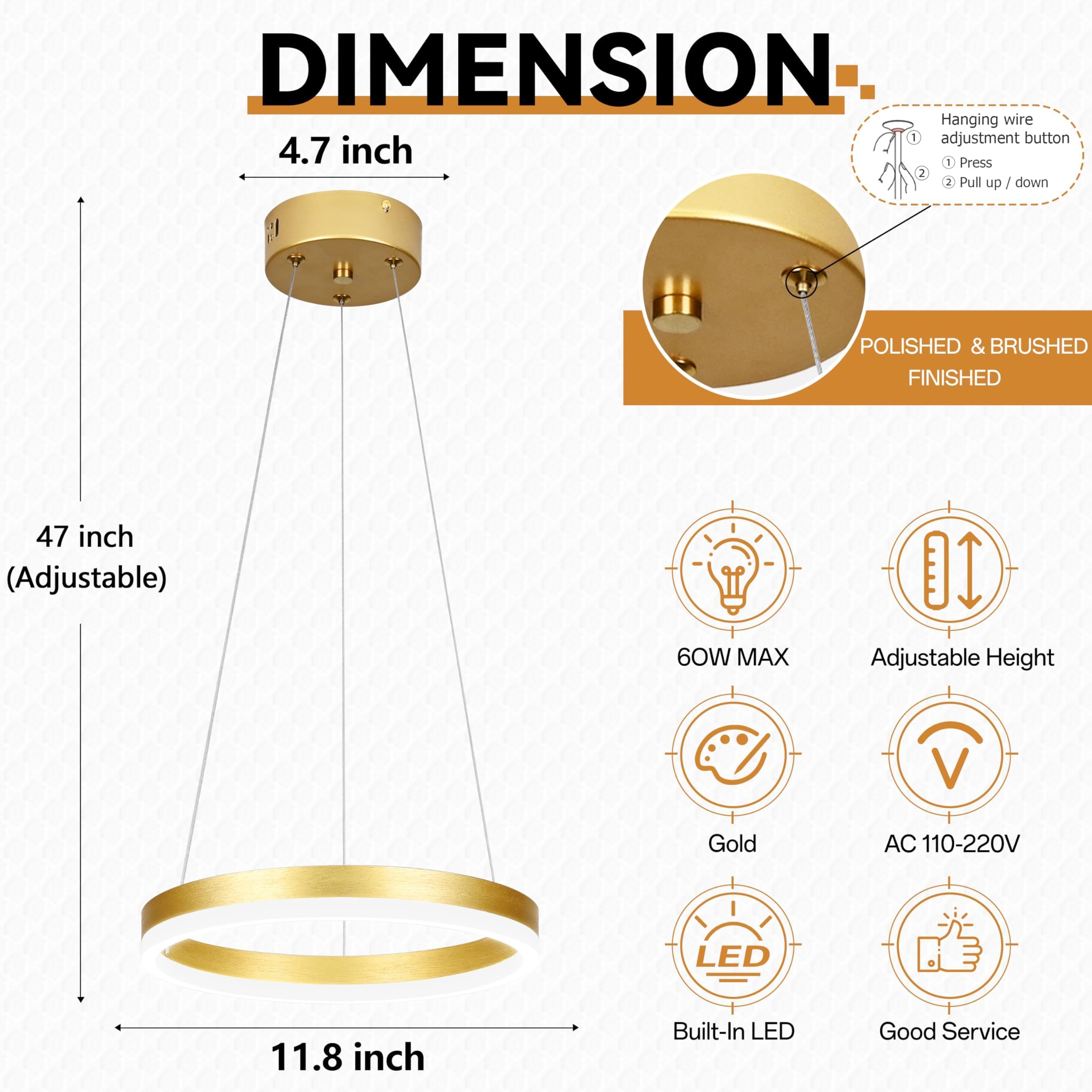Mccokaige 12" Gold LED Ring Chandelier - Modern Metal Pendant Light for Kitchen Island, Bedroom, Dining Room, Model YK-3-J