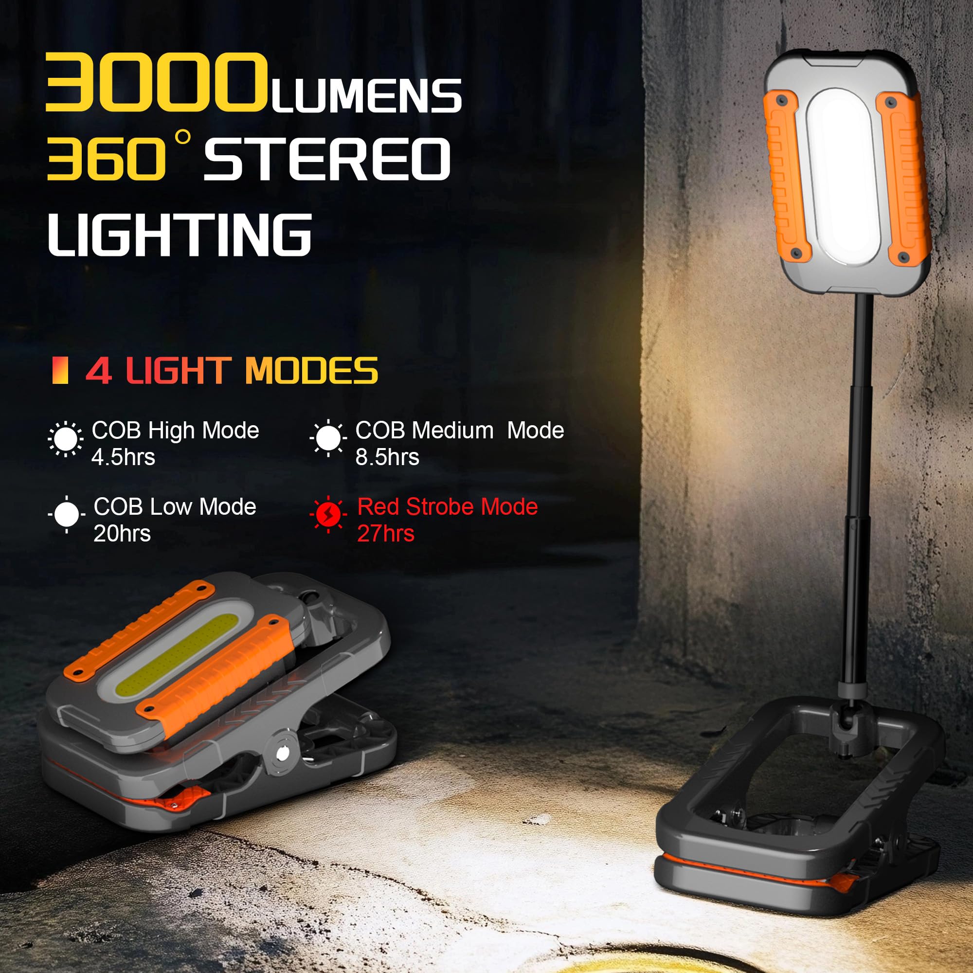 Molrebe Rechargeable Work Light With Clamp, 3000Lm Clip On Lamp With Magnet, Hook, Telescopic Stand, 360? Rotatable Portable Led