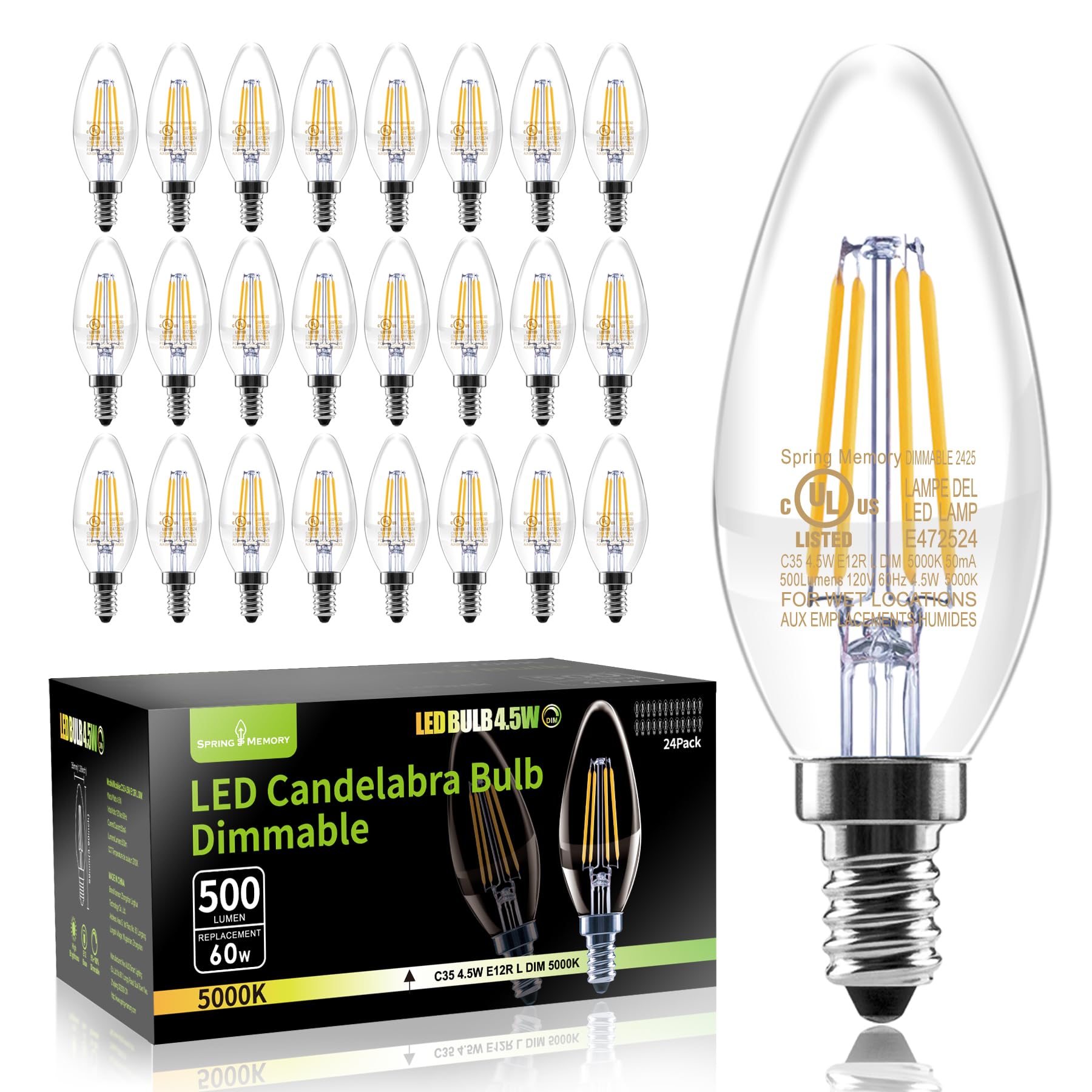 Spring Memory 24 Pack E12 Dimmable 60W Equivalent LED Chandelier Light Bulbs, 4.5W Clear 5000K Daylight White 500LM B11 Vintage 