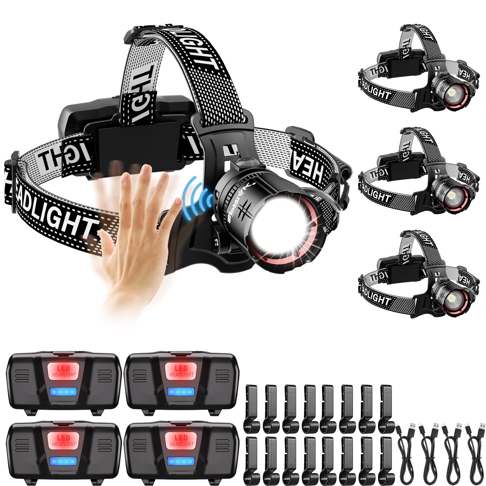 Spriak High Lumens Led Headlamp& 100H Using Time, Usb Rechargeable Head Lamp, 90 Adjustable Widebeam Motion Sensor Head Light Wi