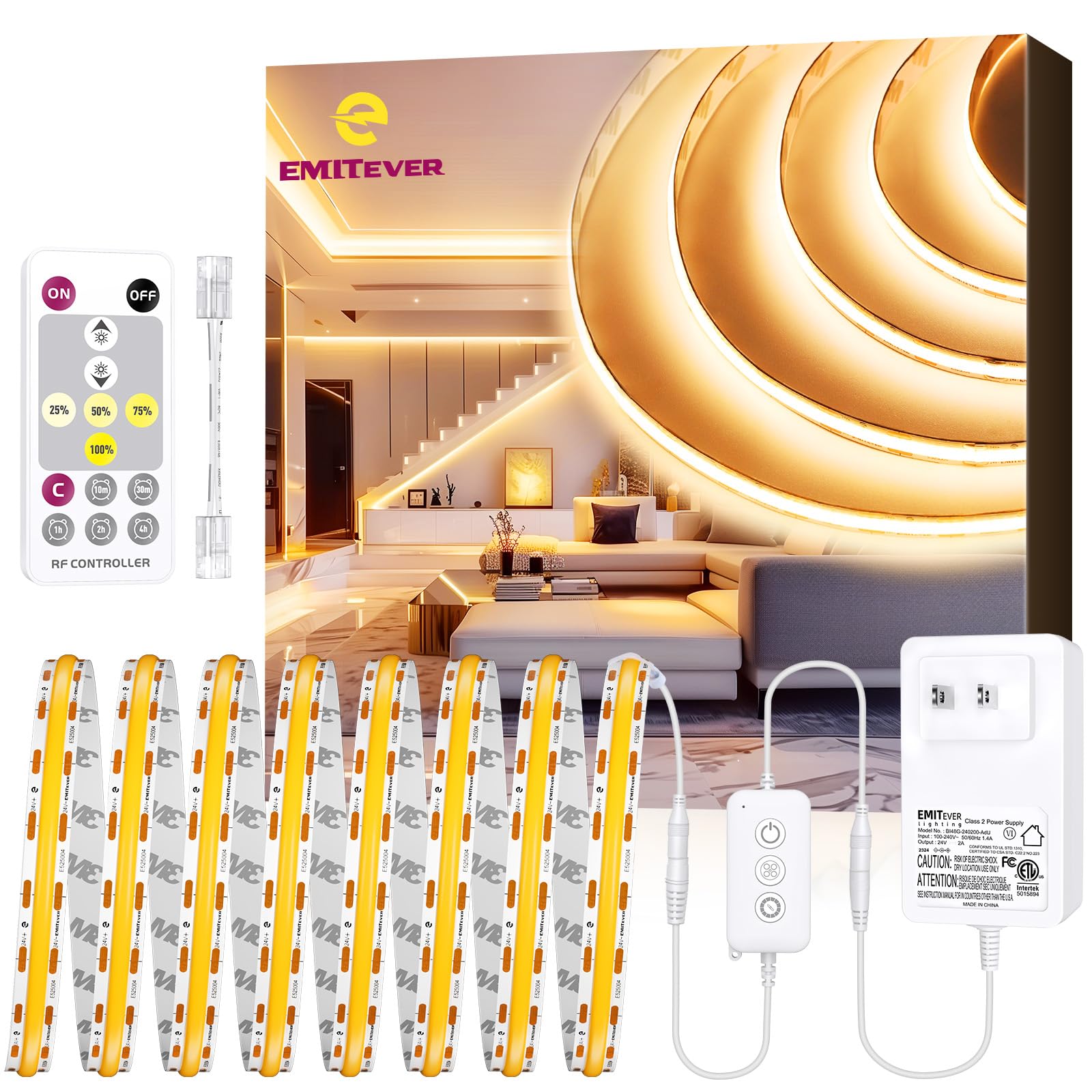 EMITEVER COB LED Strip Lights Kit Warm White with Remote & 24V Power Supply,16.4ft Dimmable Tape Light 2700K, High Density 2400L