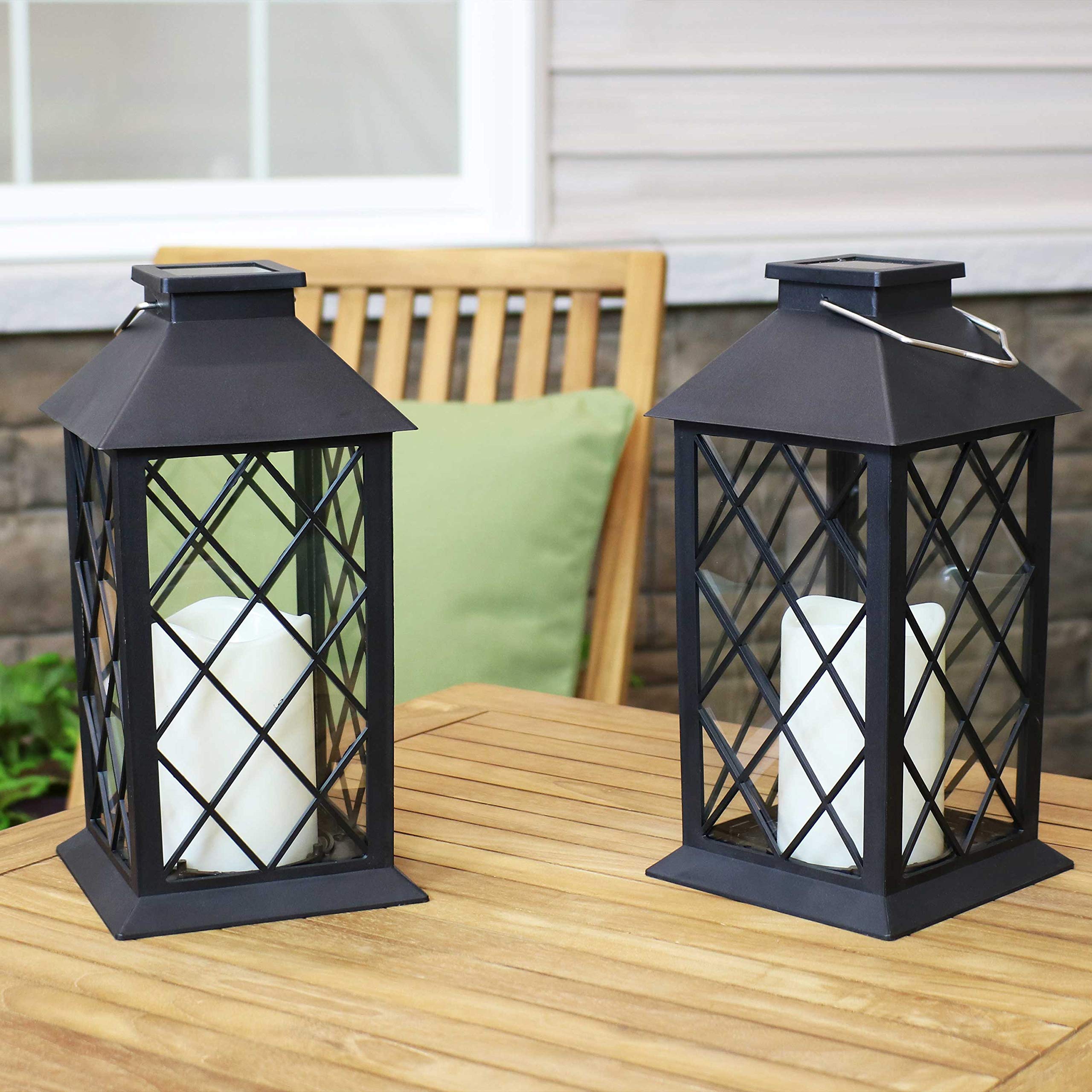 Sunnydaze 11-Inch Solar LED Decorative Candle Lantern Set of 2 - Black, Tabletop/Hanging Light, Model FOR-780-2PK