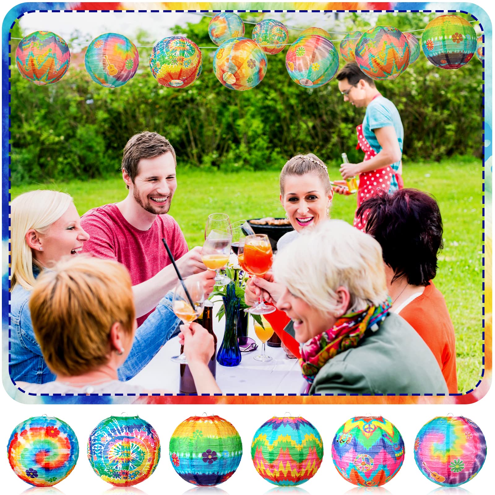 Frienda 6 Pcs Hippie Paper Lanterns, Tie Dyed, Retro Flower & Peace Sign, Decorative for 1960s Party, Metal, Hippie Style