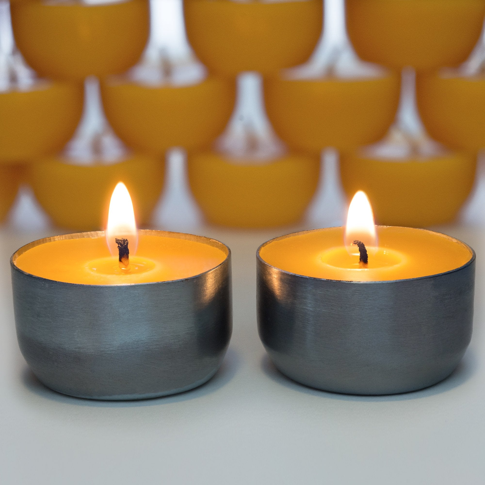 Serenibee Beeswax Tea Light Candles Refills With Two Custom Reusable Sturdy Steel Candle Holders And Reusable Cotton Bag Eco Friendly Gift Set(24)